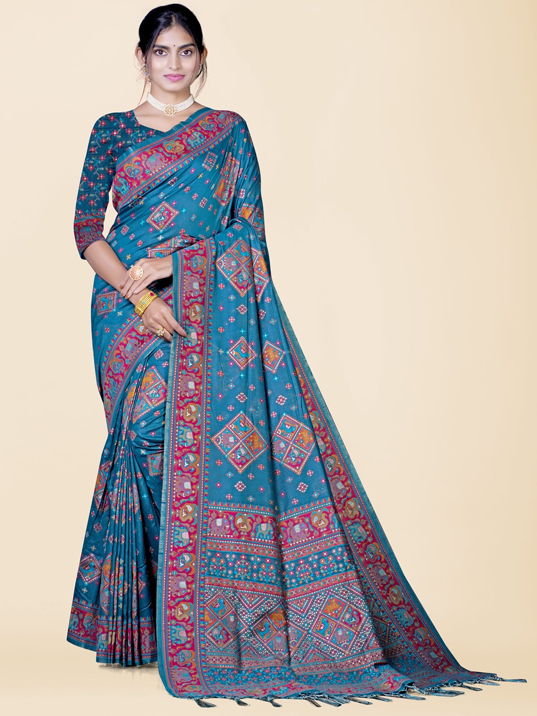 

KAJREE Ethnic Motifs Jamdani Saree, Teal