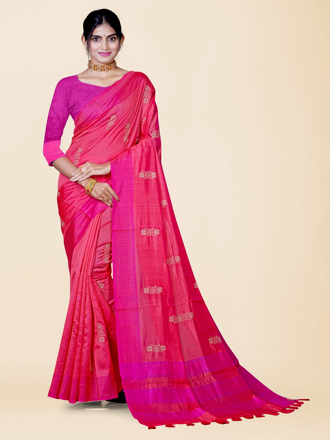 

KAJREE Ethnic Motifs Embroidered Pure Linen Tussar Saree, Pink