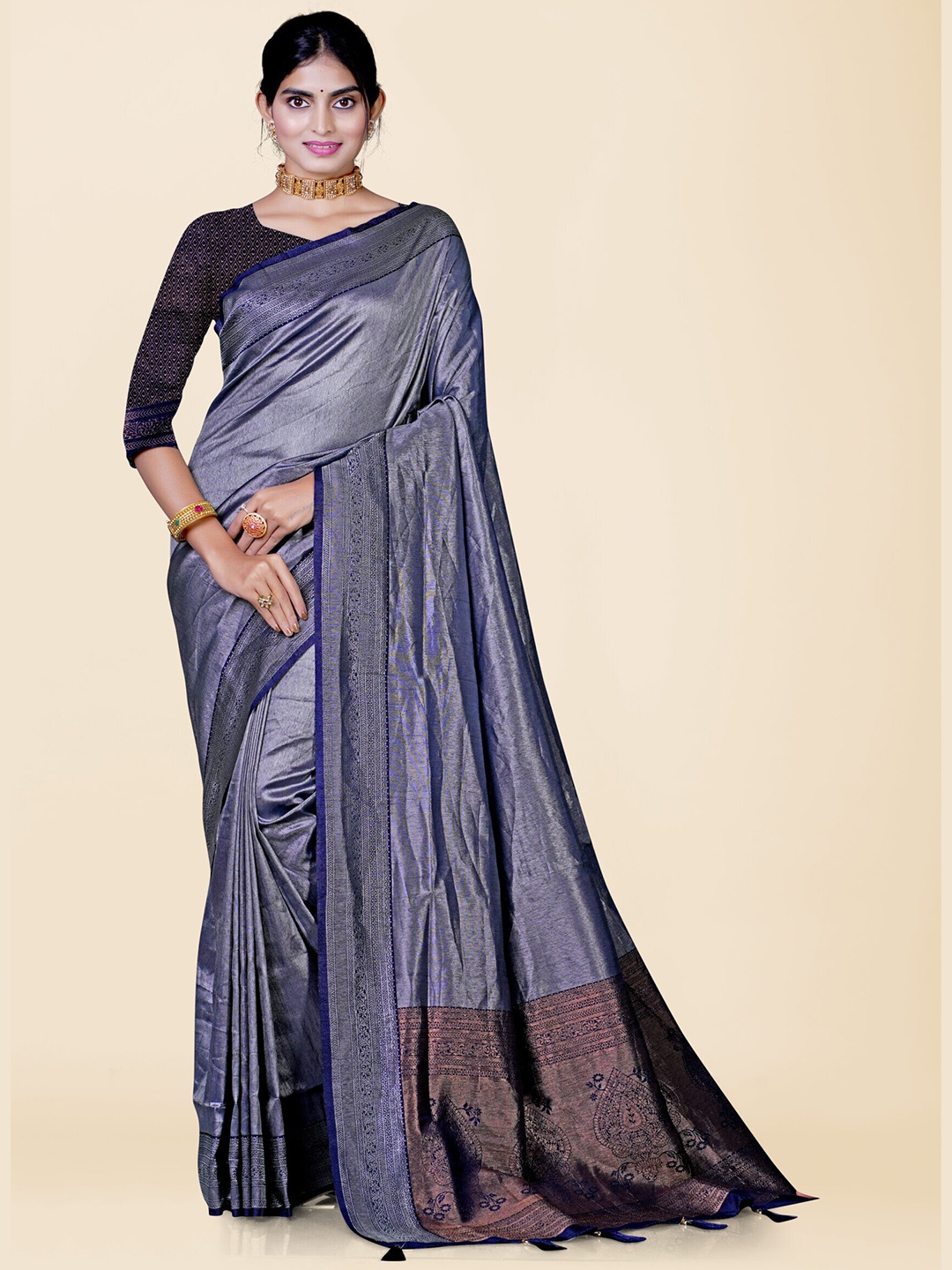

KAJREE Woven Design Zari Dharmavaram Saree, Navy blue