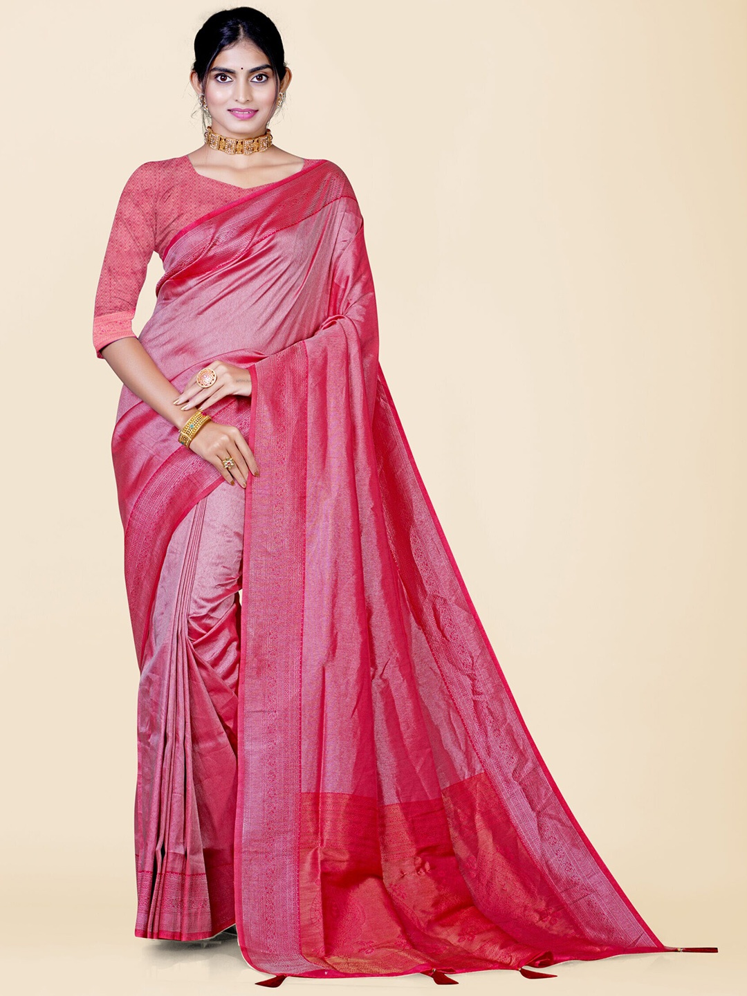 

KAJREE Zari Tissue Dharmavaram Saree, Pink