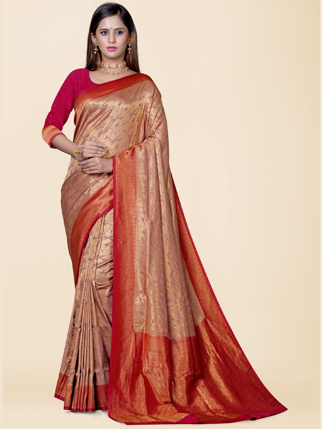 

KAJREE Woven Design Zari Brocade Kanjeevaram Saree, Beige