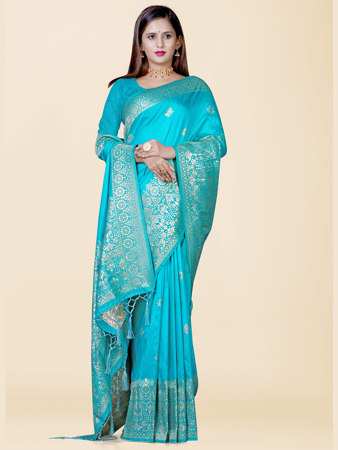 

KAJREE Ethnic Motifs Woven Design Zari Pure Silk Uppada Saree, Sea green