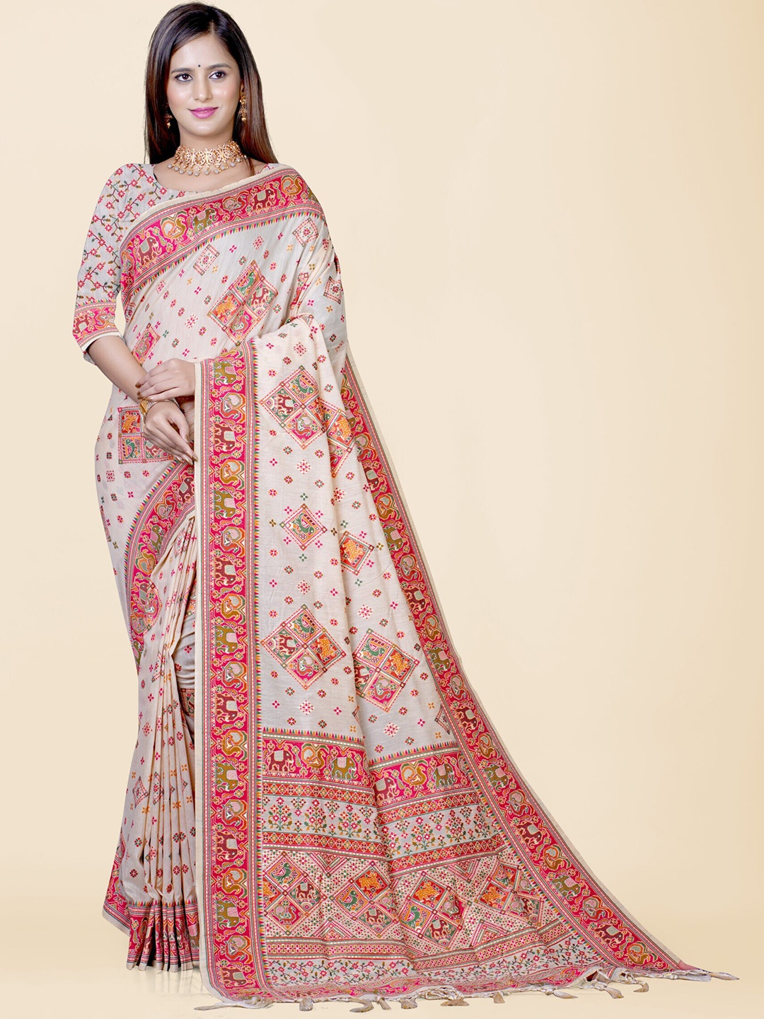 

KAJREE Woven Design Zari Jamdani Saree, Cream
