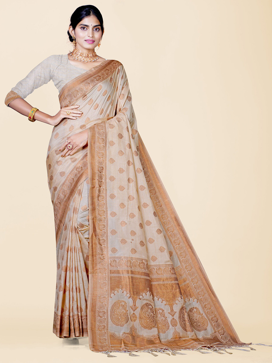 

KAJREE Ethnic Motifs Woven Design Zari Khadi Saree, Cream