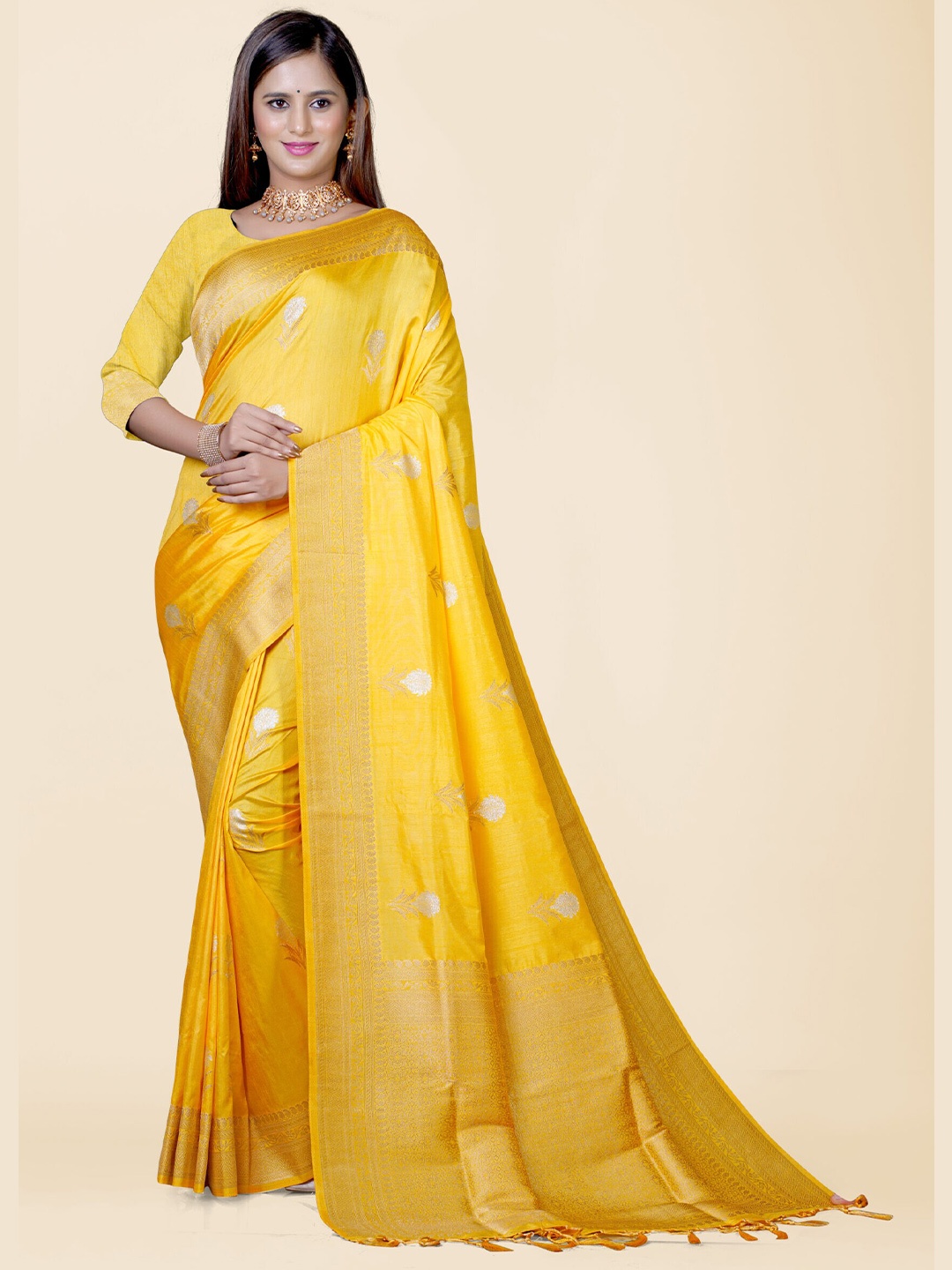 

KAJREE Woven Design Zari Silk Blend Banarasi Saree, Yellow