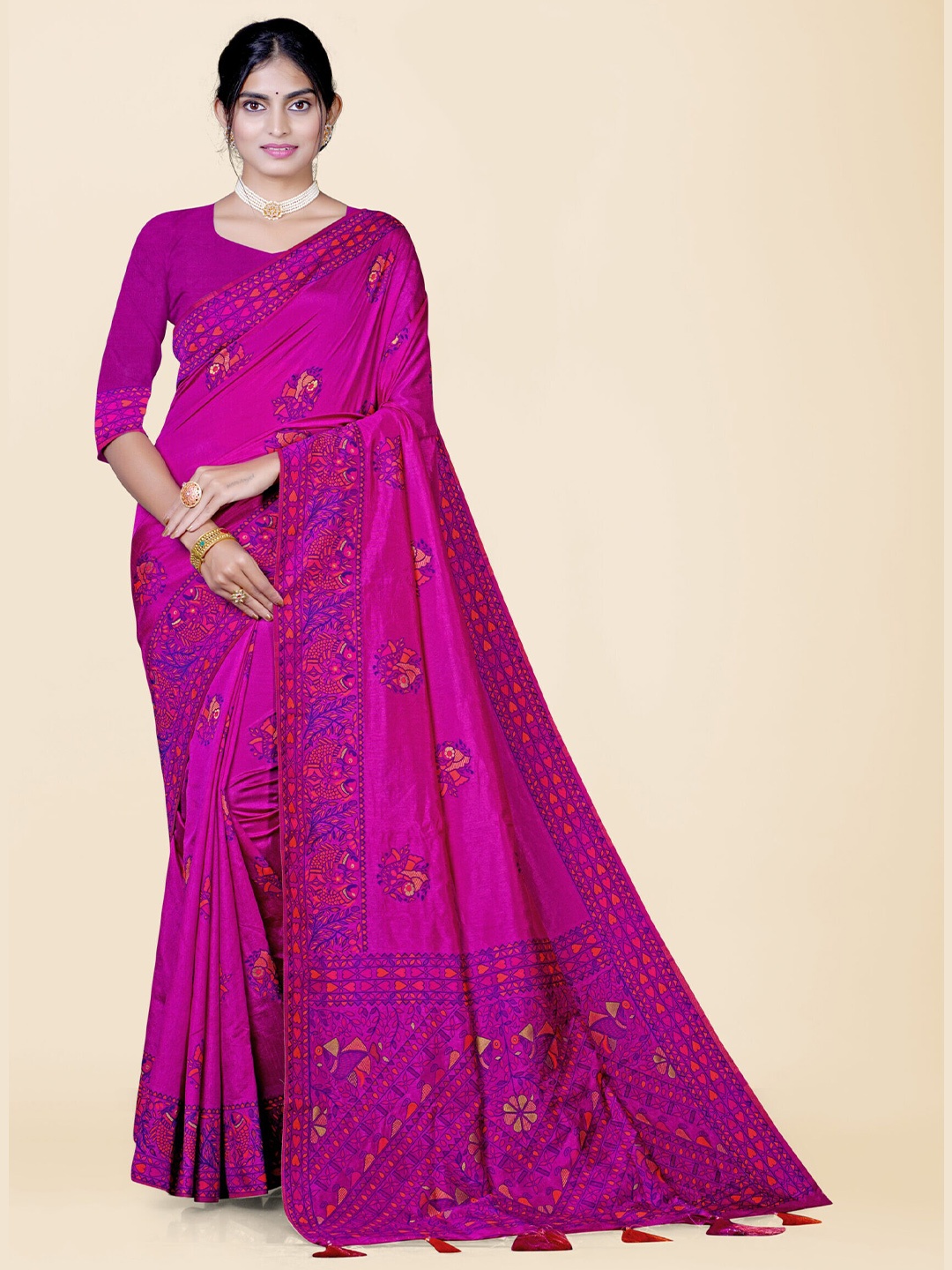 

KAJREE Ethnic Motifs Silk Blend Baluchari Saree, Magenta