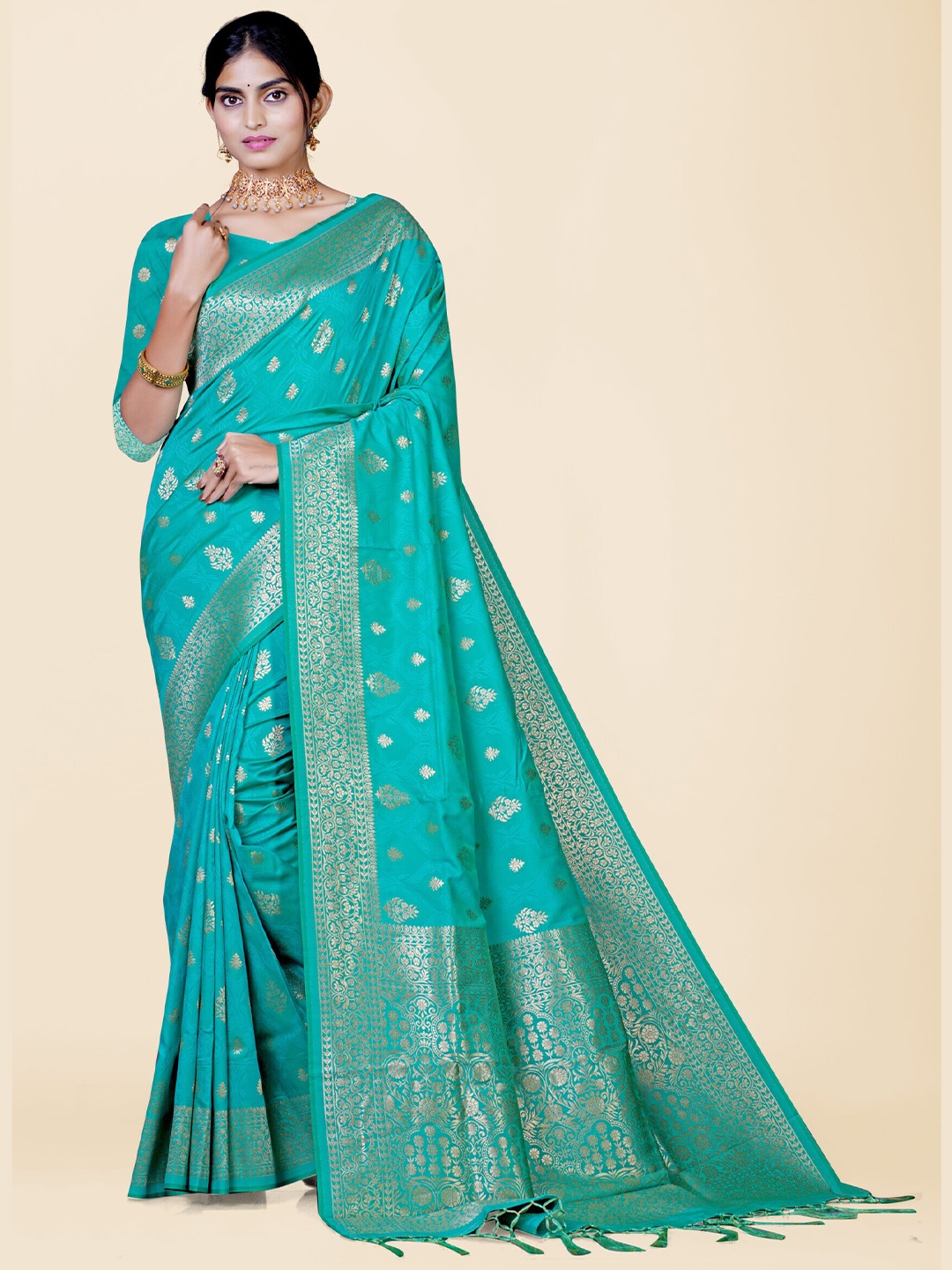 

KAJREE Ethnic Motifs Zari Pure Silk Banarasi Saree, Teal