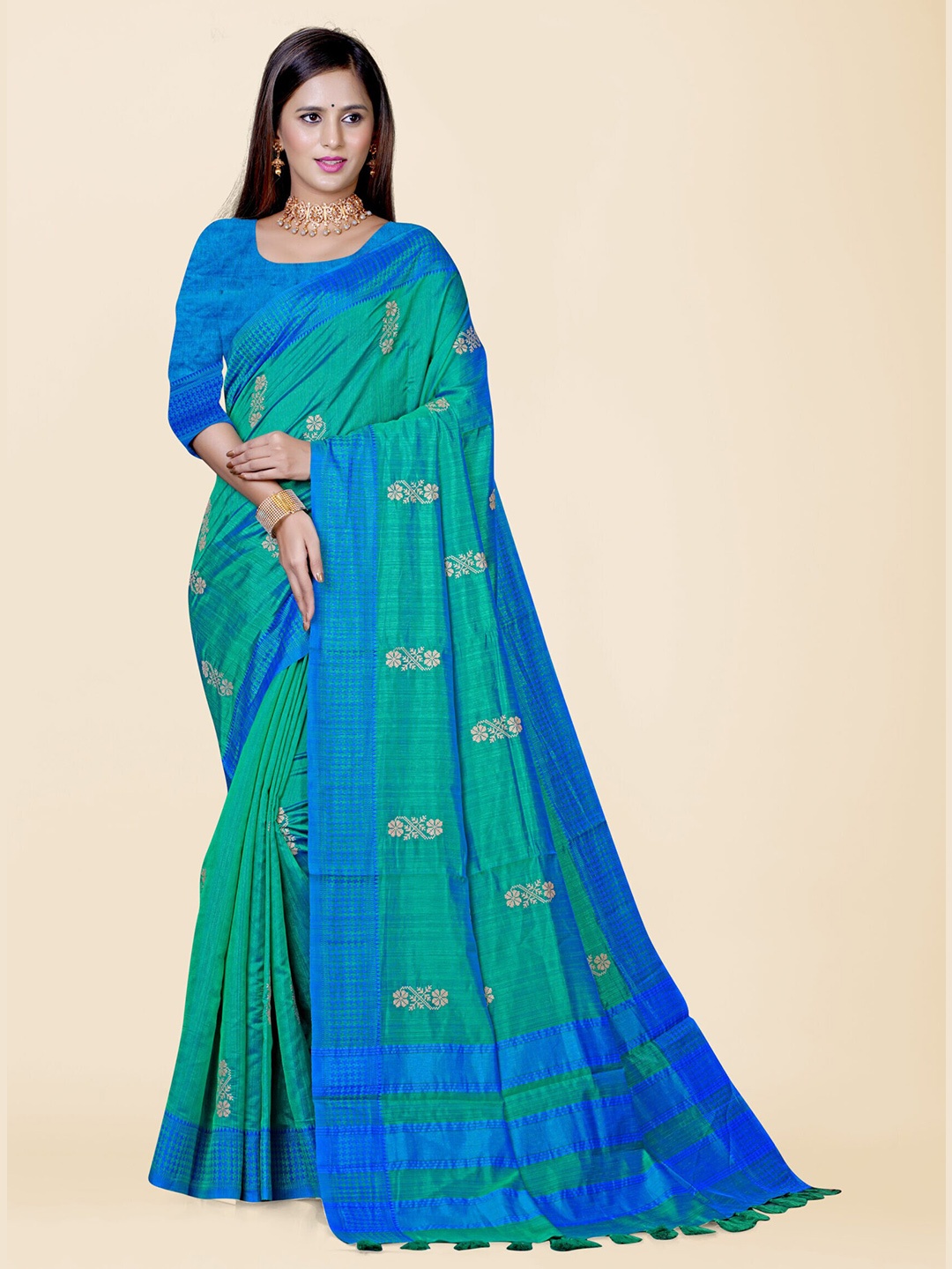 

KAJREE Woven Design Zari Pure Linen Tussar Saree, Green