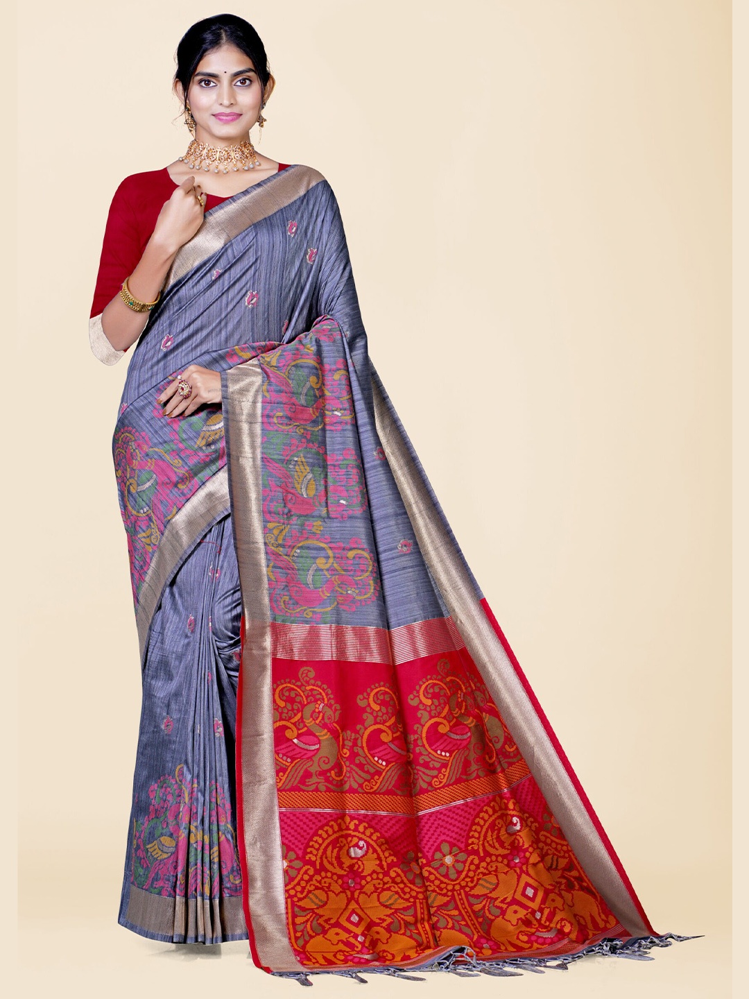 

KAJREE Ethnic Motifs Pure Silk Uppada Saree, Grey