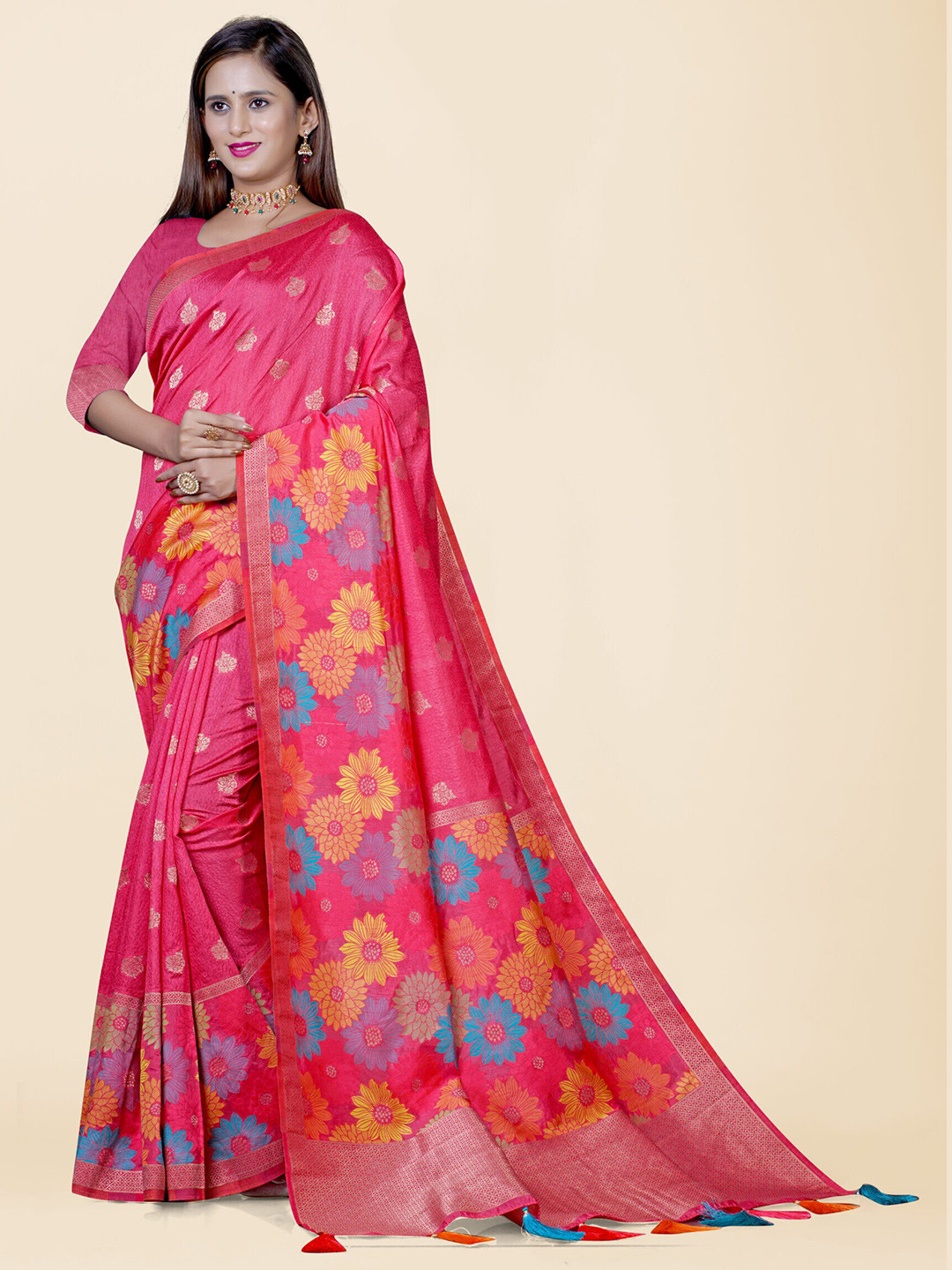 

KAJREE Floral Woven Design Zari Silk Blend Jamdani Saree, Pink