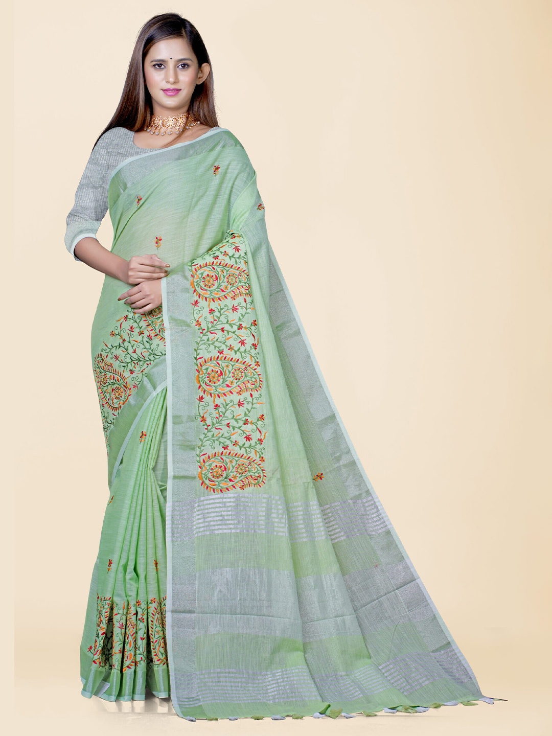 

KAJREE Paisley Zari Pure Linen Tussar Saree, Green