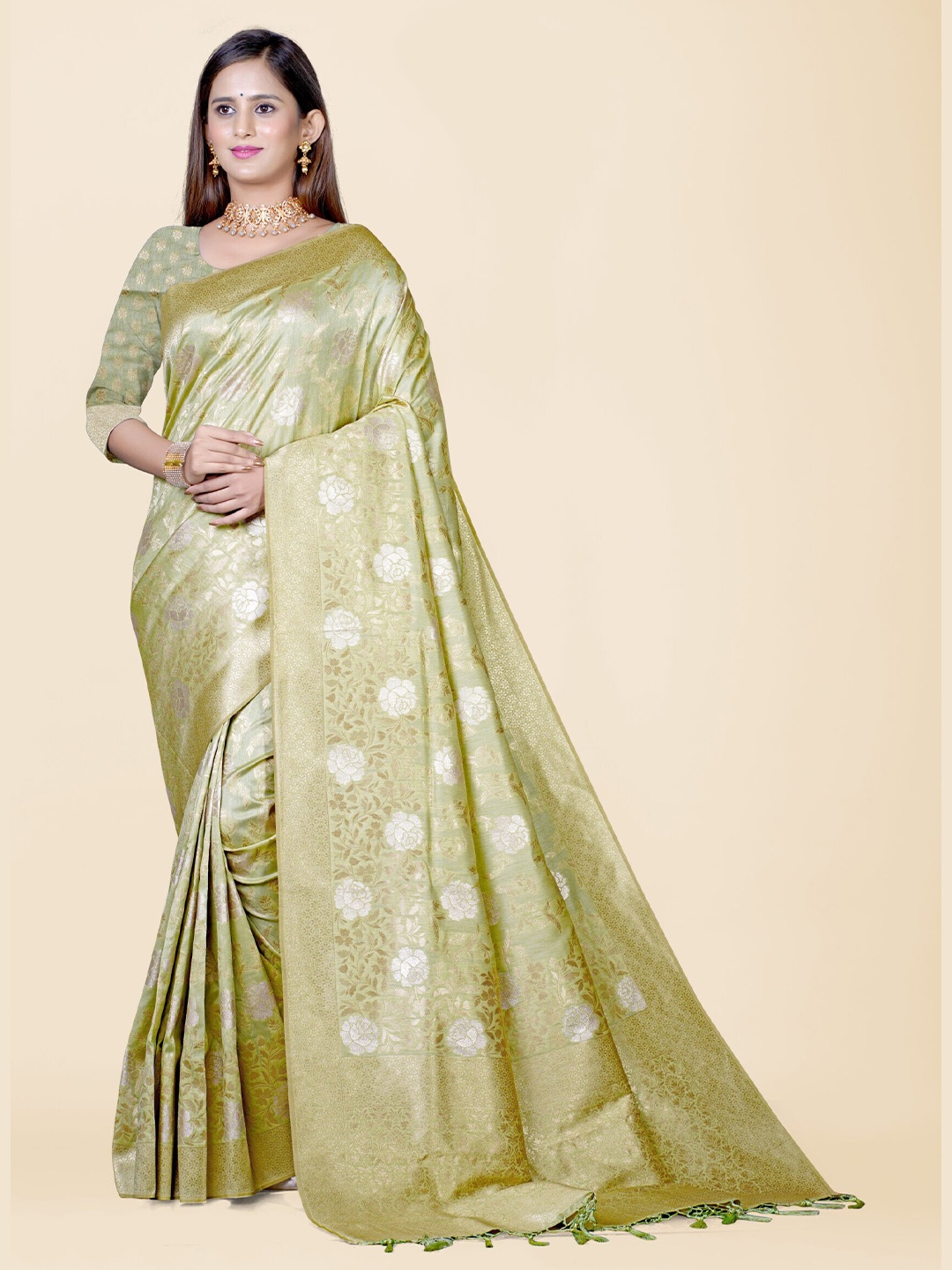 

KAJREE Floral Zari Brocade Khadi Saree, Green