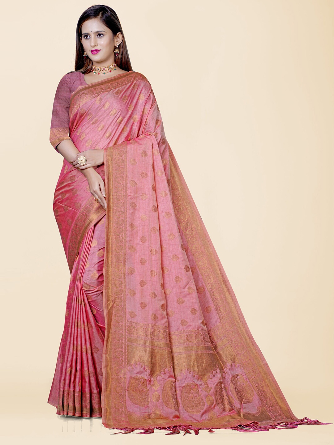 

KAJREE Ethnic Motifs Zari Silk Blend Khadi Saree, Pink