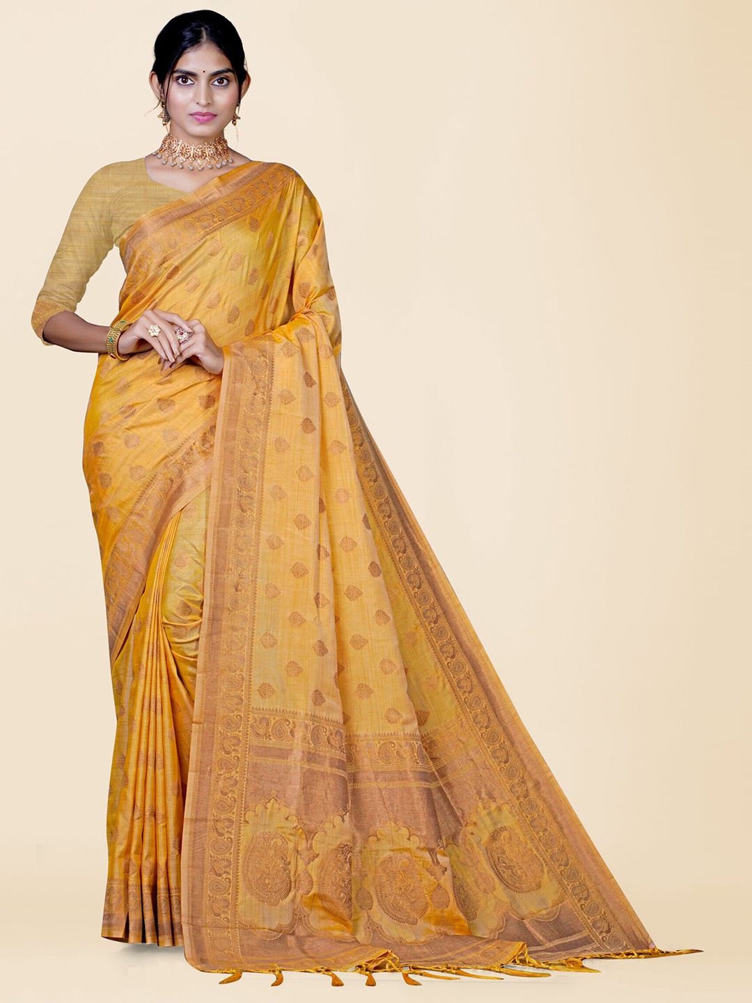 

KAJREE Ethnic Motifs Woven Design Zari Khadi Saree, Yellow