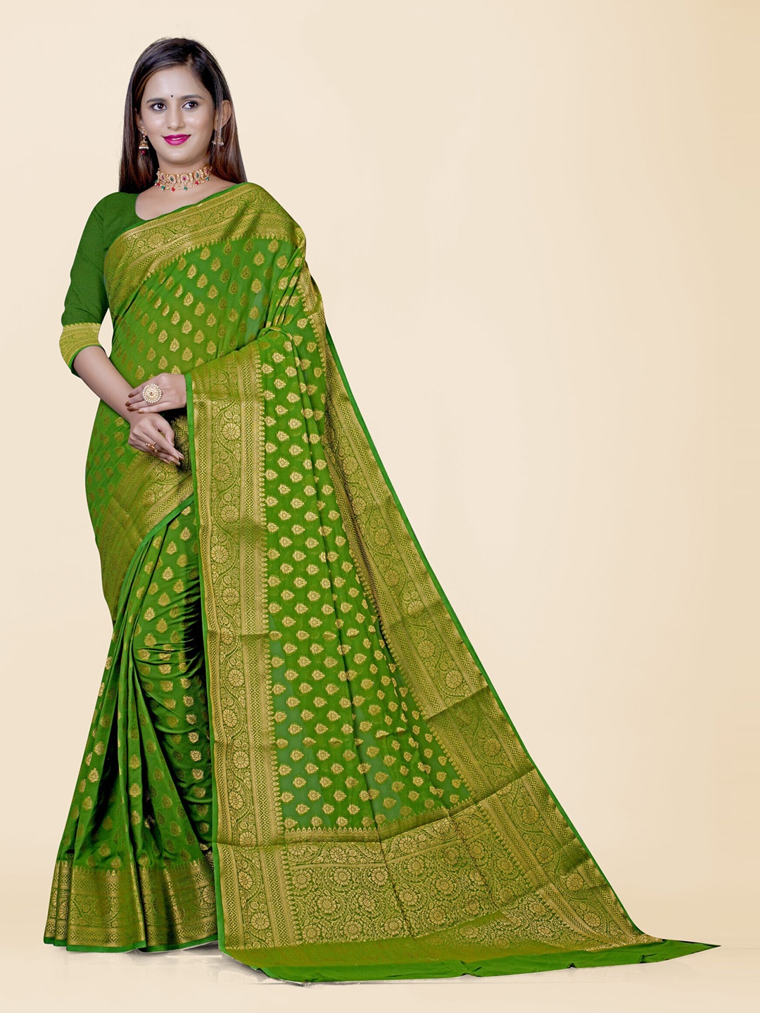 

KAJREE Ethnic Motifs Zari Pure Georgette Banarasi Saree, Green