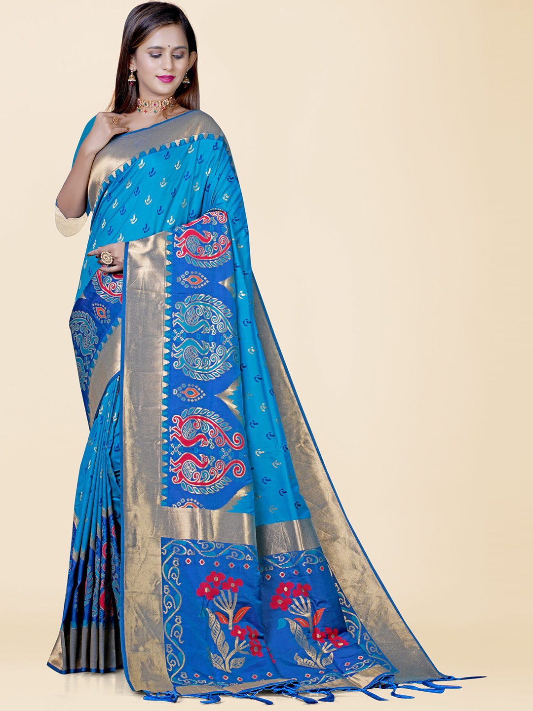 

KAJREE Ethnic Motifs Woven Design Zari Pure Silk Patola Saree, Turquoise blue