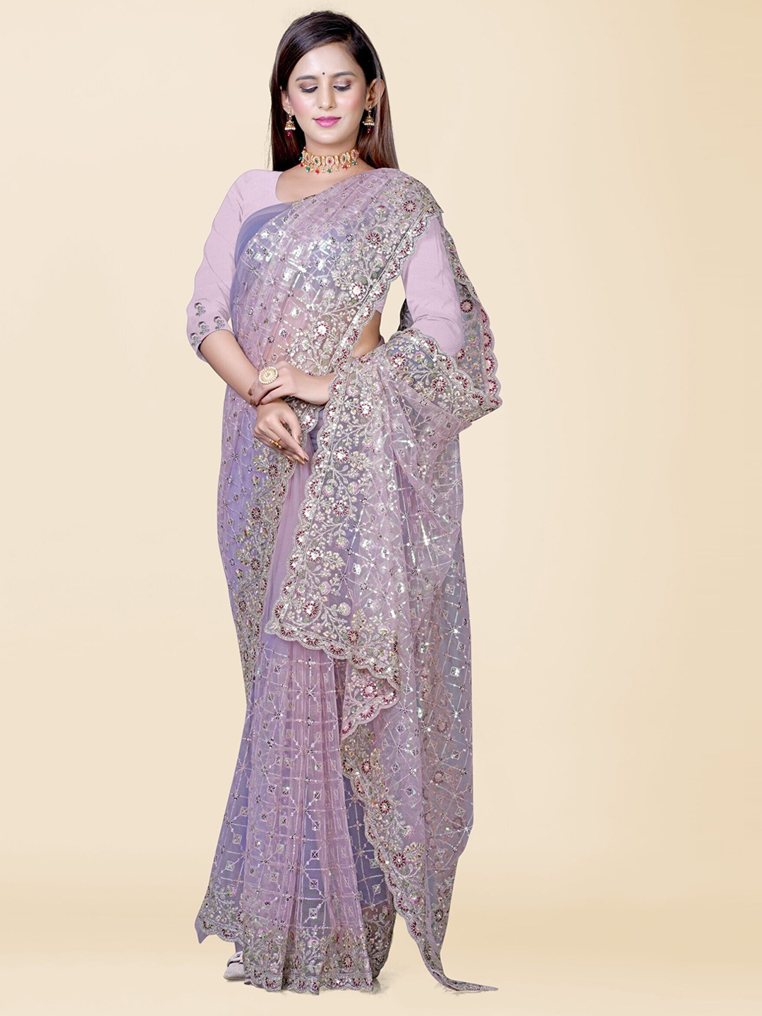 

KAJREE Sequinned Net Jamdani Saree, Lavender