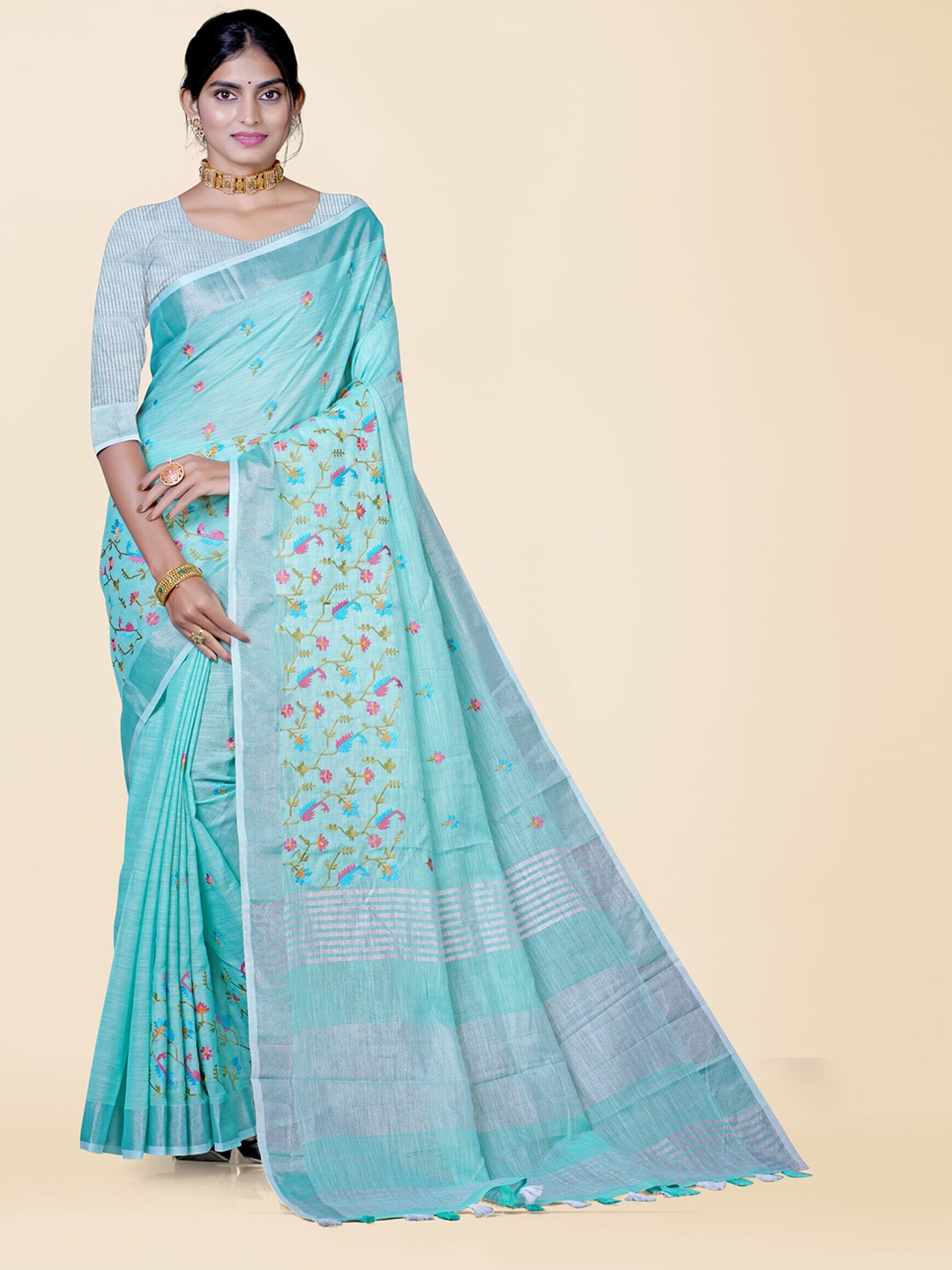 

KAJREE Floral Zari Pure Linen Tussar Saree, Sea green