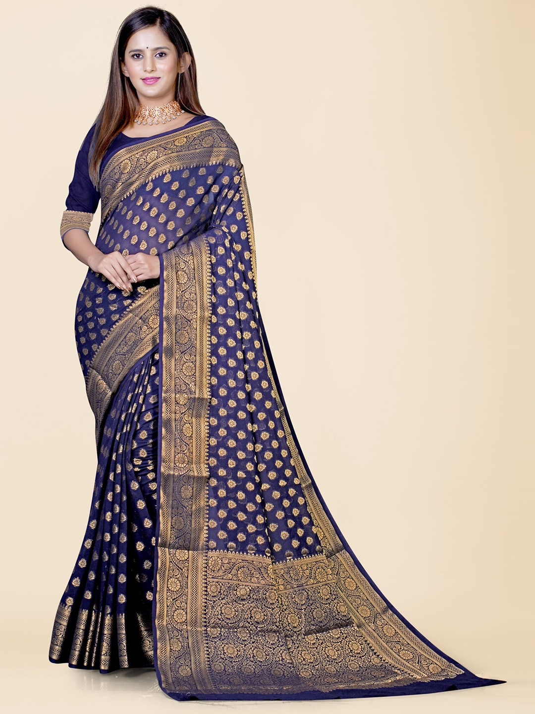 

KAJREE Woven Design Zari Pure Georgette Banarasi Saree, Navy blue