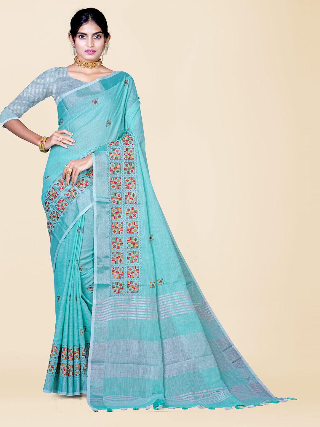 

KAJREE Floral Zari Pure Linen Tussar Saree, Turquoise blue