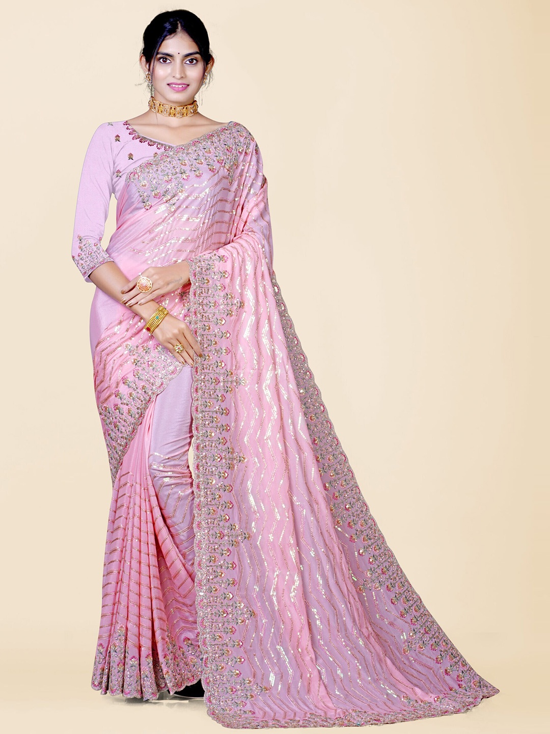 

KAJREE Embellished Sequinned Pure Georgette Jamdani Saree, Pink