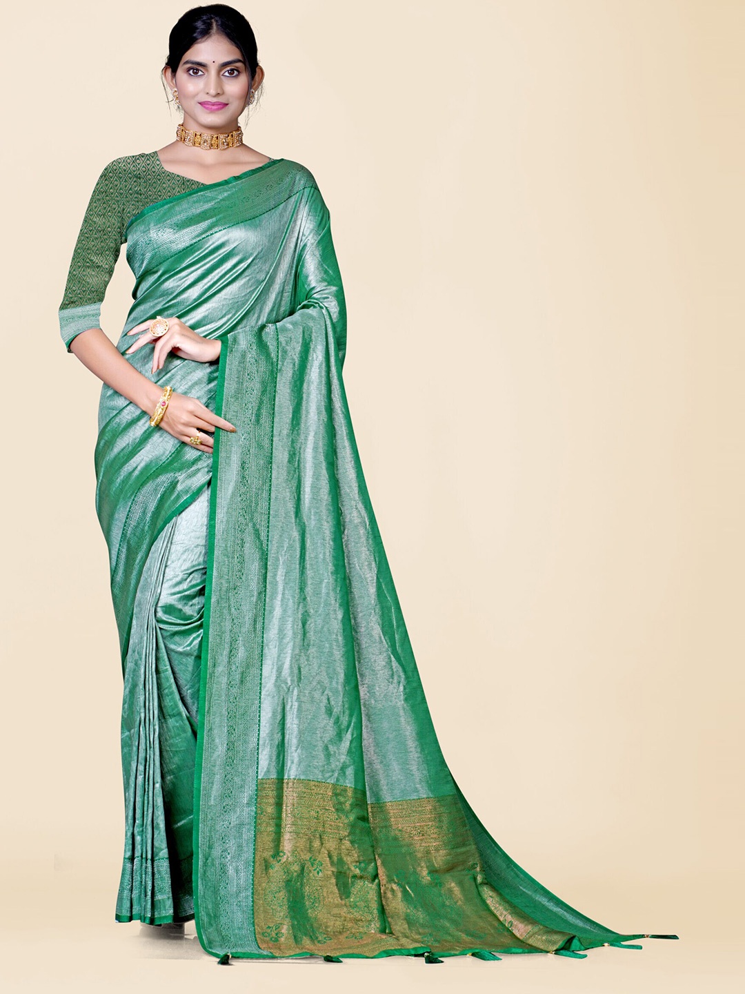 

KAJREE Woven Design Zari Dharmavaram Saree, Green