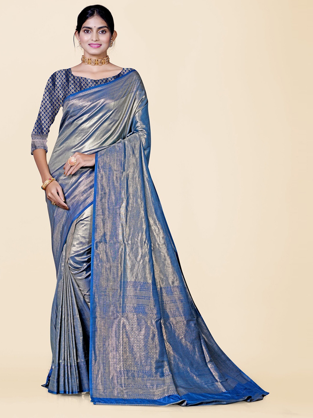 

KAJREE Woven Design Zari Dharmavaram Saree, Blue
