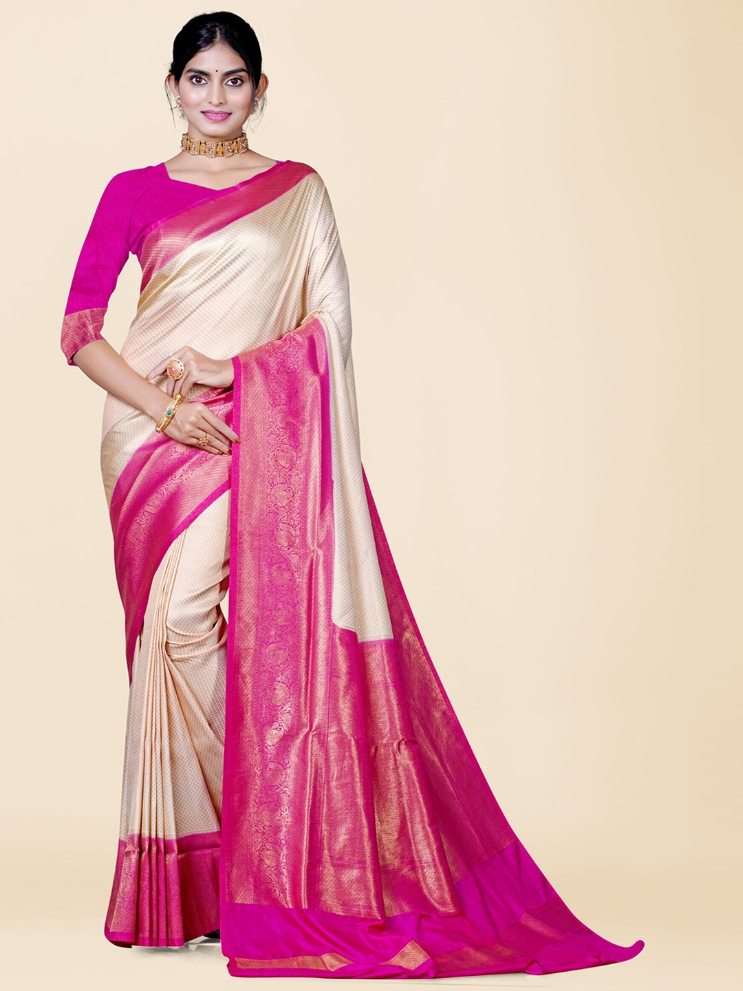 

KAJREE Woven Design Zari Kanjeevaram Saree, Off white