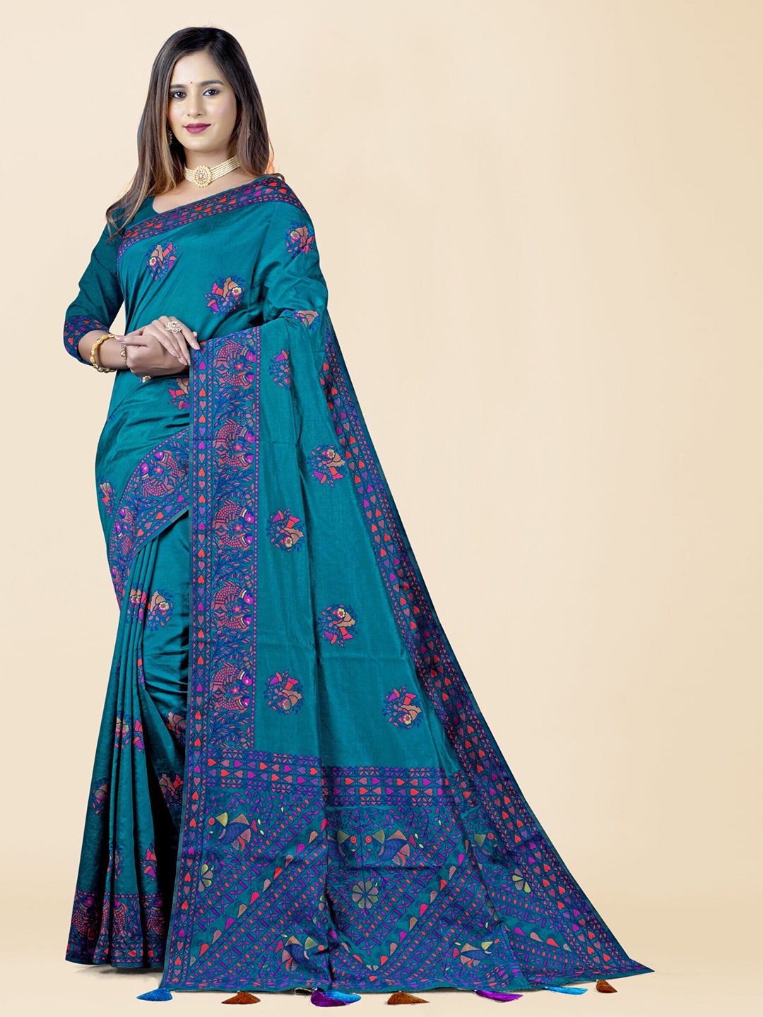 

KAJREE Ethnic Motifs Silk Blend Baluchari Saree, Blue