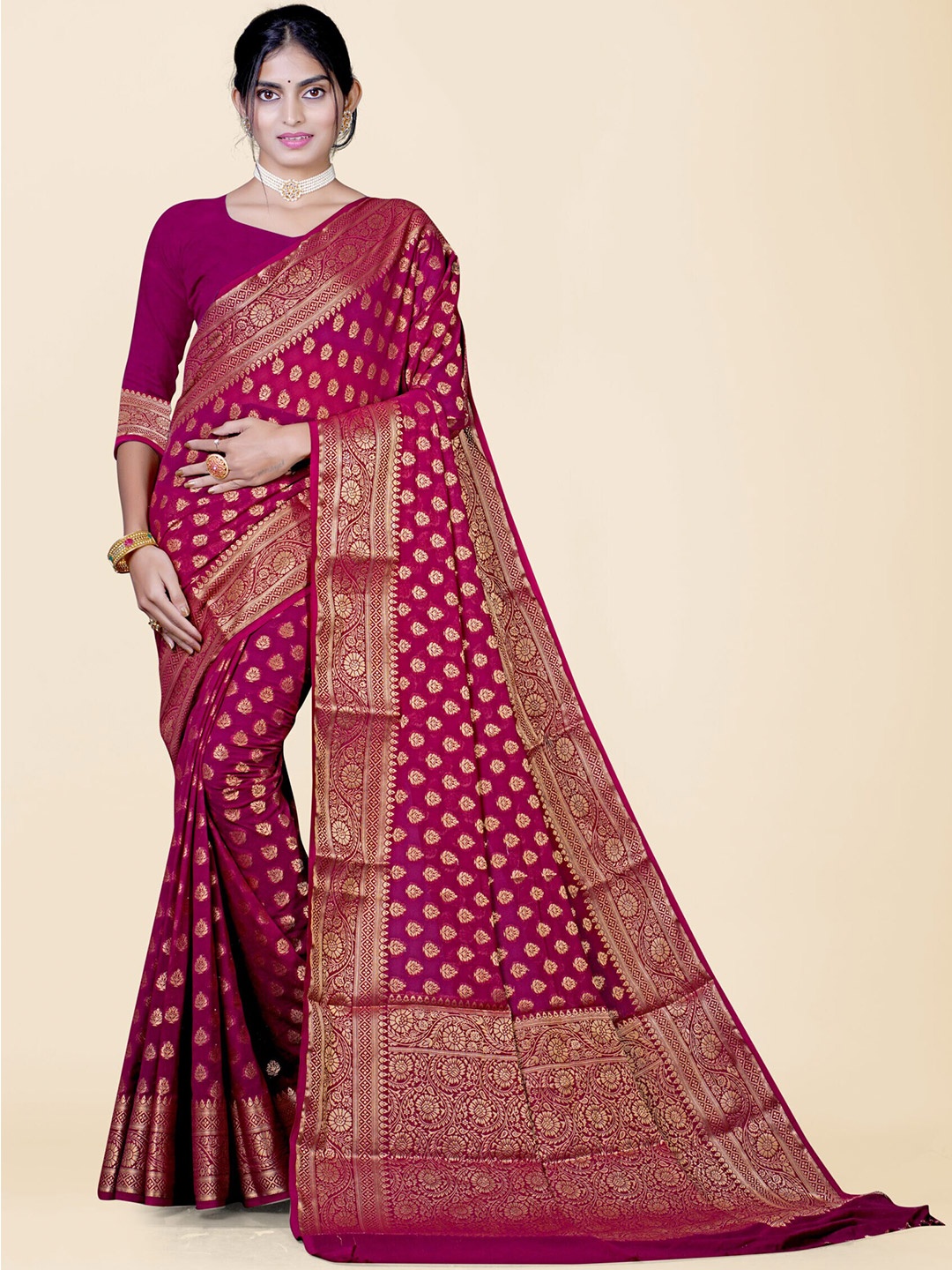 

KAJREE Woven Design Zari Pure Georgette Banarasi Saree, Burgundy