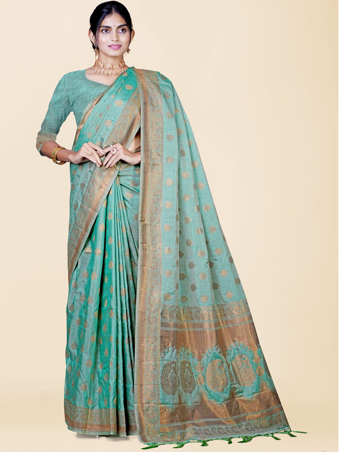 

KAJREE Woven Design Zari Khadi Saree, Sea green