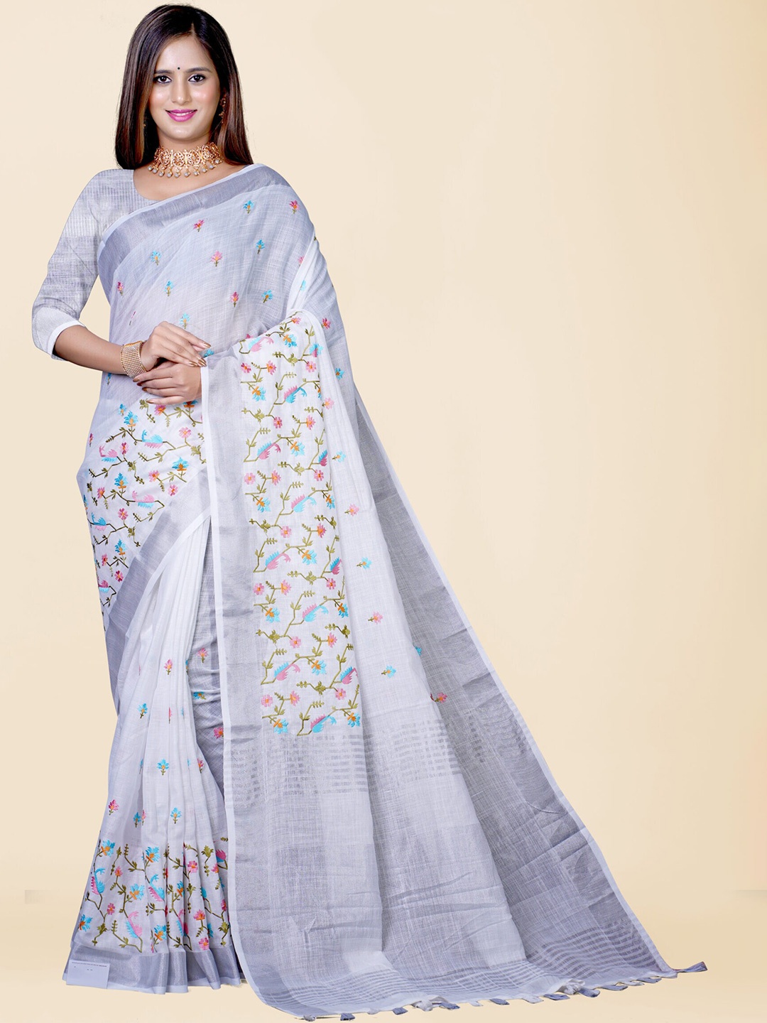 

KAJREE Floral Zari Net Jamdani Saree, Off white