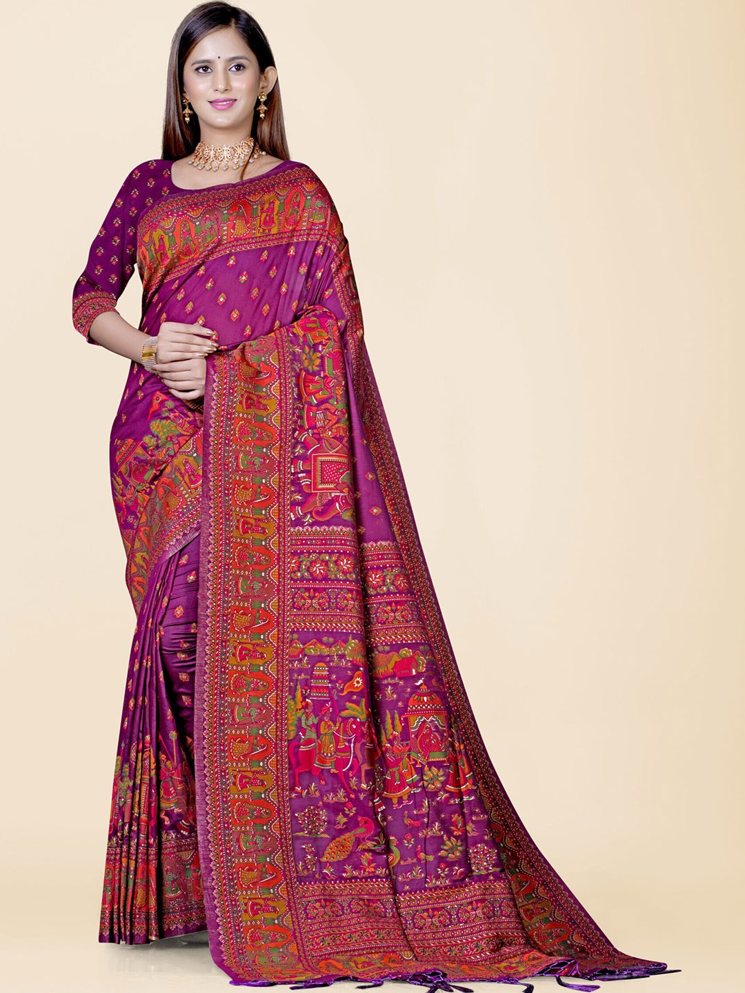 

KAJREE Ethnic Motifs Jamdani Saree, Burgundy