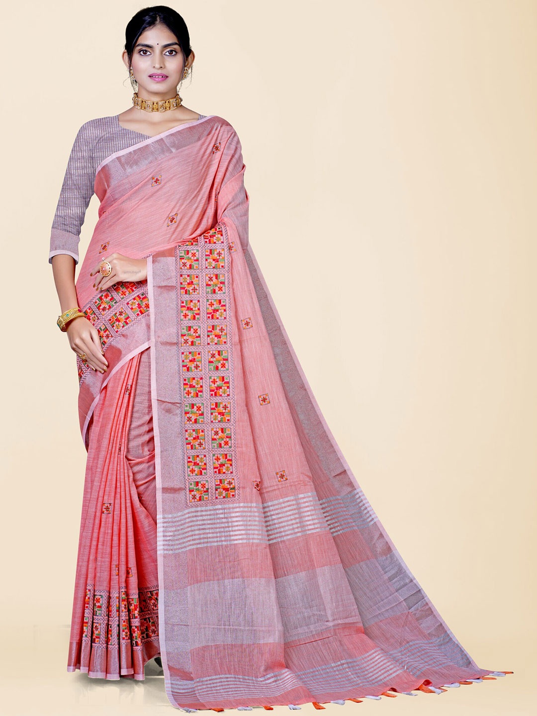 

KAJREE Floral Zari Pure Linen Tussar Saree, Orange