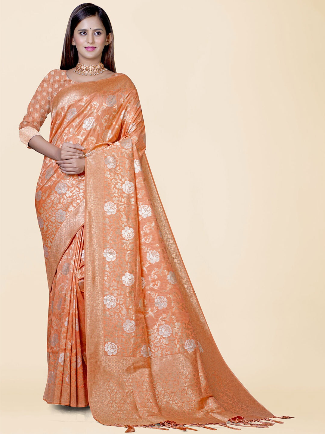 

KAJREE Woven Design Zari Brocade Khadi Saree, Orange