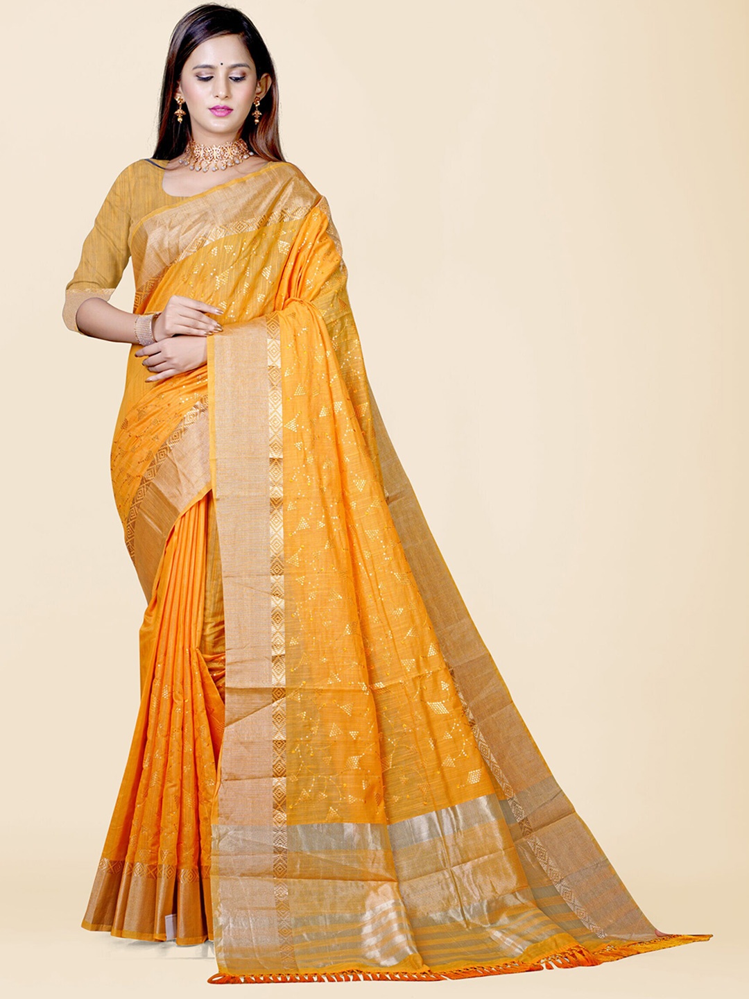 

KAJREE Woven Design Zari Pure Linen Tussar Saree, Yellow