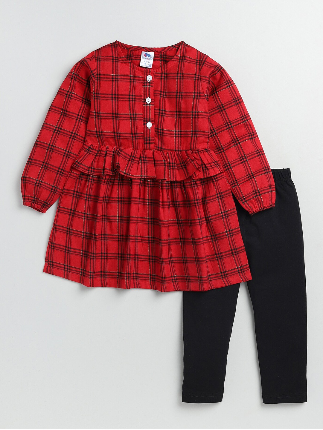 

Dear to Dad Girls Checked Pure Cotton Top with Leggings, Red