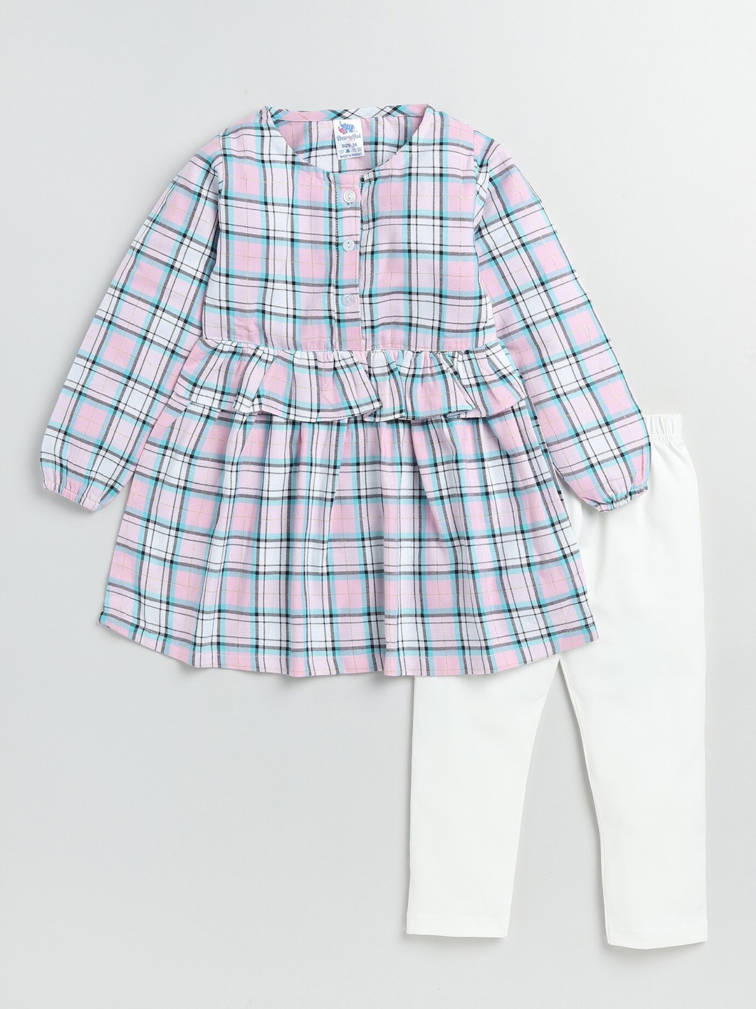 

Dear to Dad Girls Checked Pure Cotton Top with Leggings, Pink