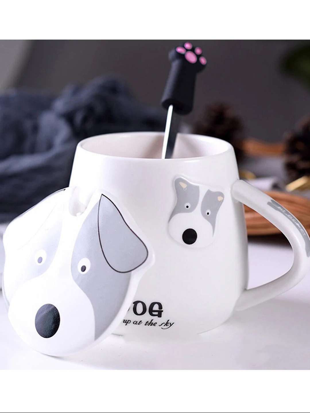 

BonZeaL Grey & White Printed Ceramic Matte Dog Mug with Lid Spoon 350 ml