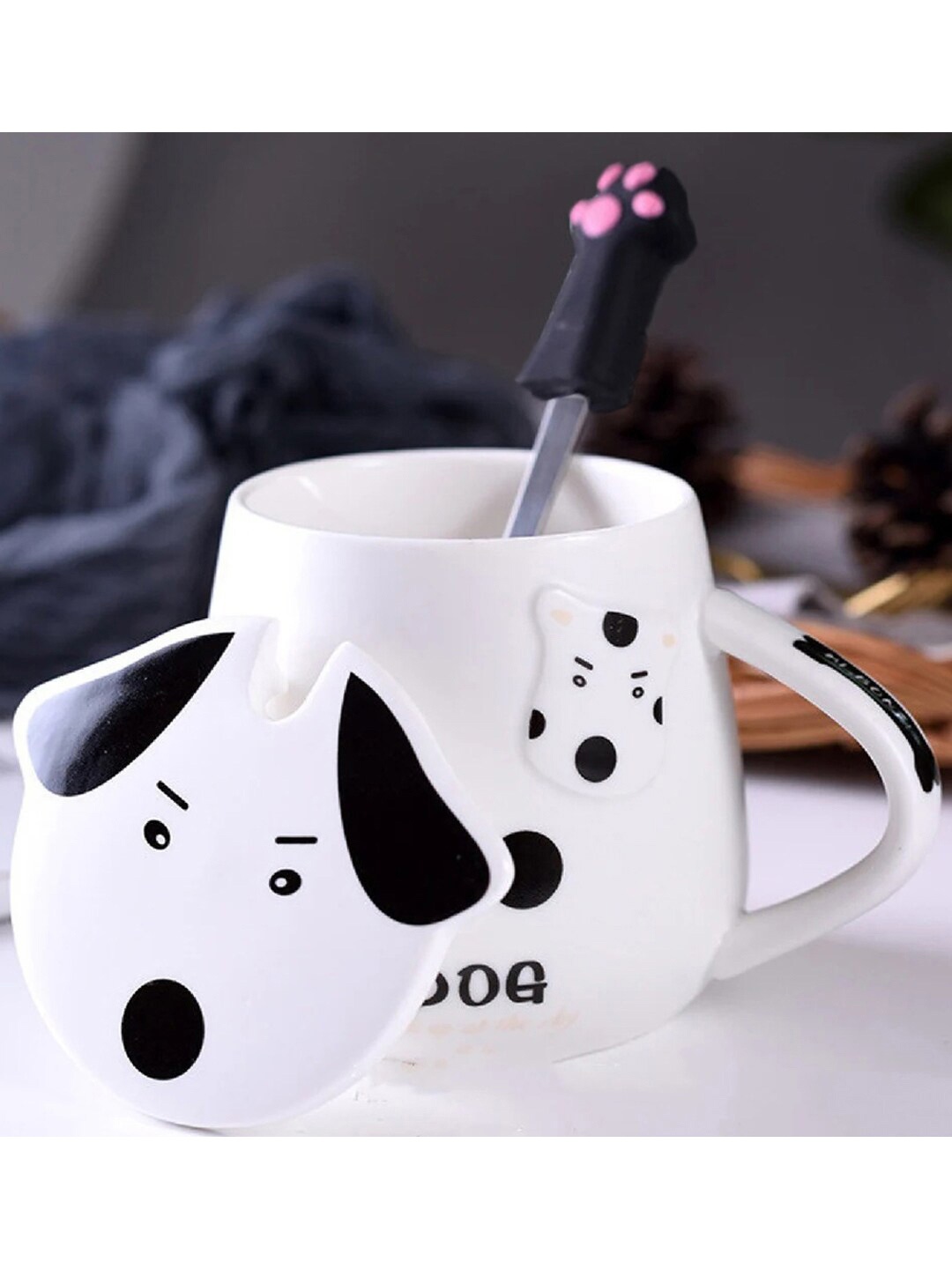 

BonZeaL Black Printed 3D Ceramic Black Dog Mug with Lid Spoon 350 ml