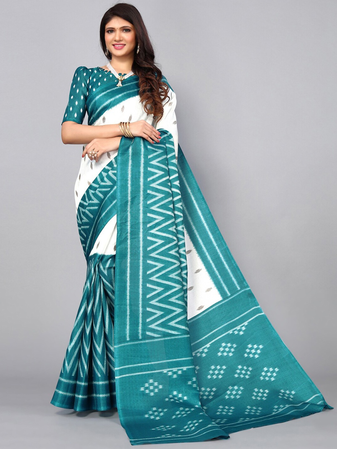 

KALINI Silk Blend Printed Saree, Teal