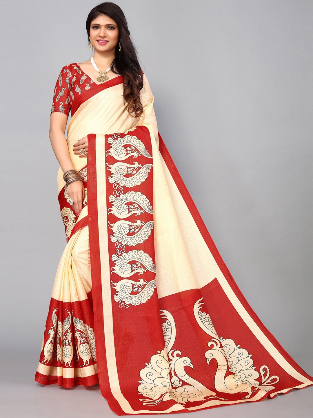

KALINI Ethnic Motifs Silk Blend Printed Saree, Red