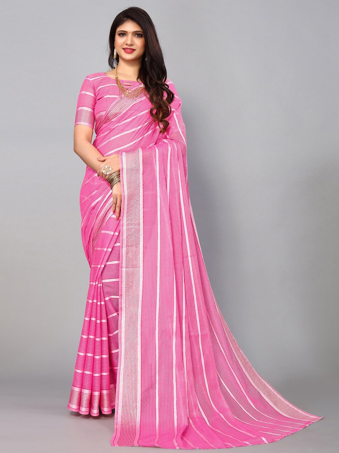 

KALINI Striped Saree, Pink