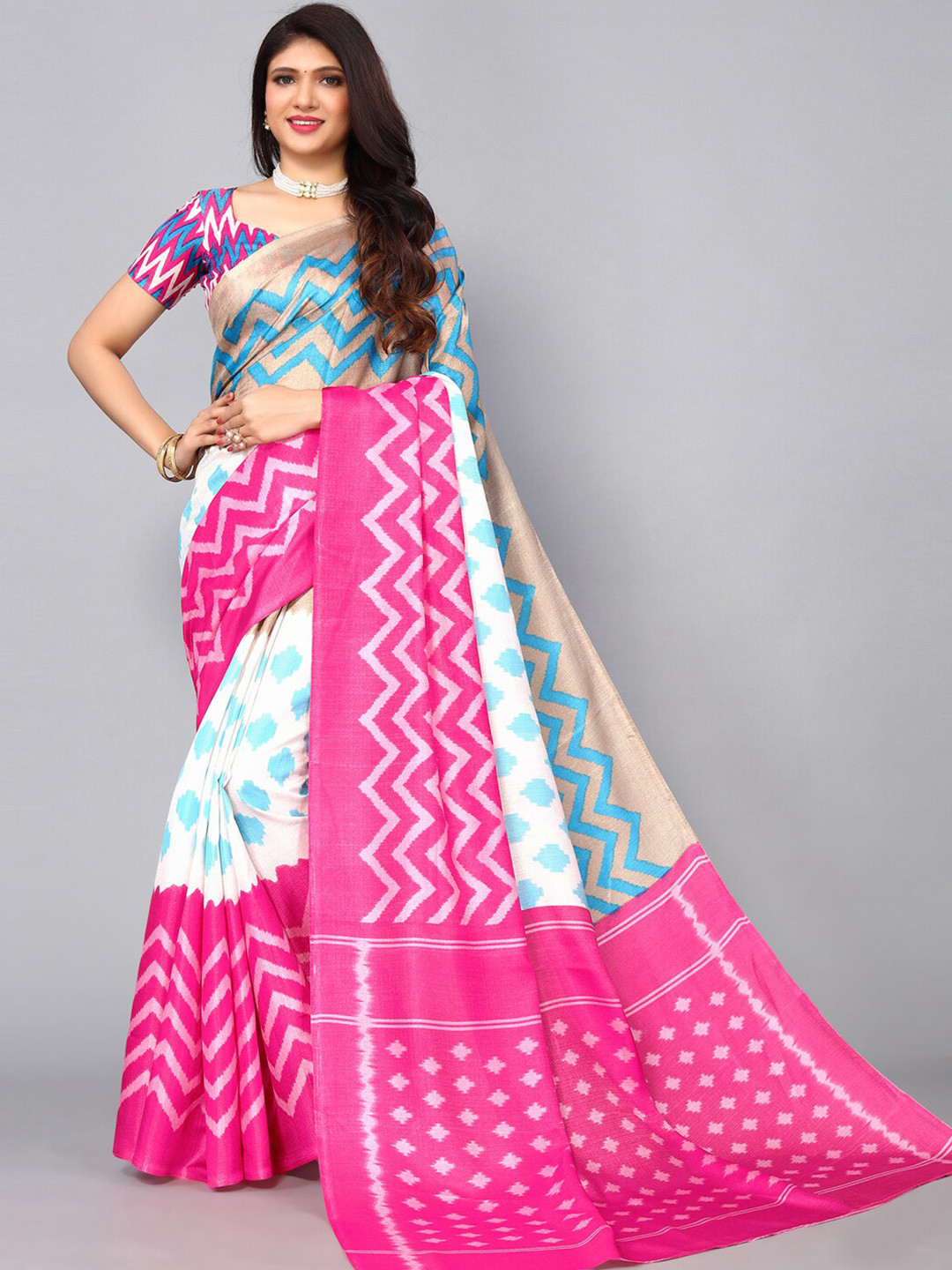 

KALINI Geometric Printed Saree, Pink