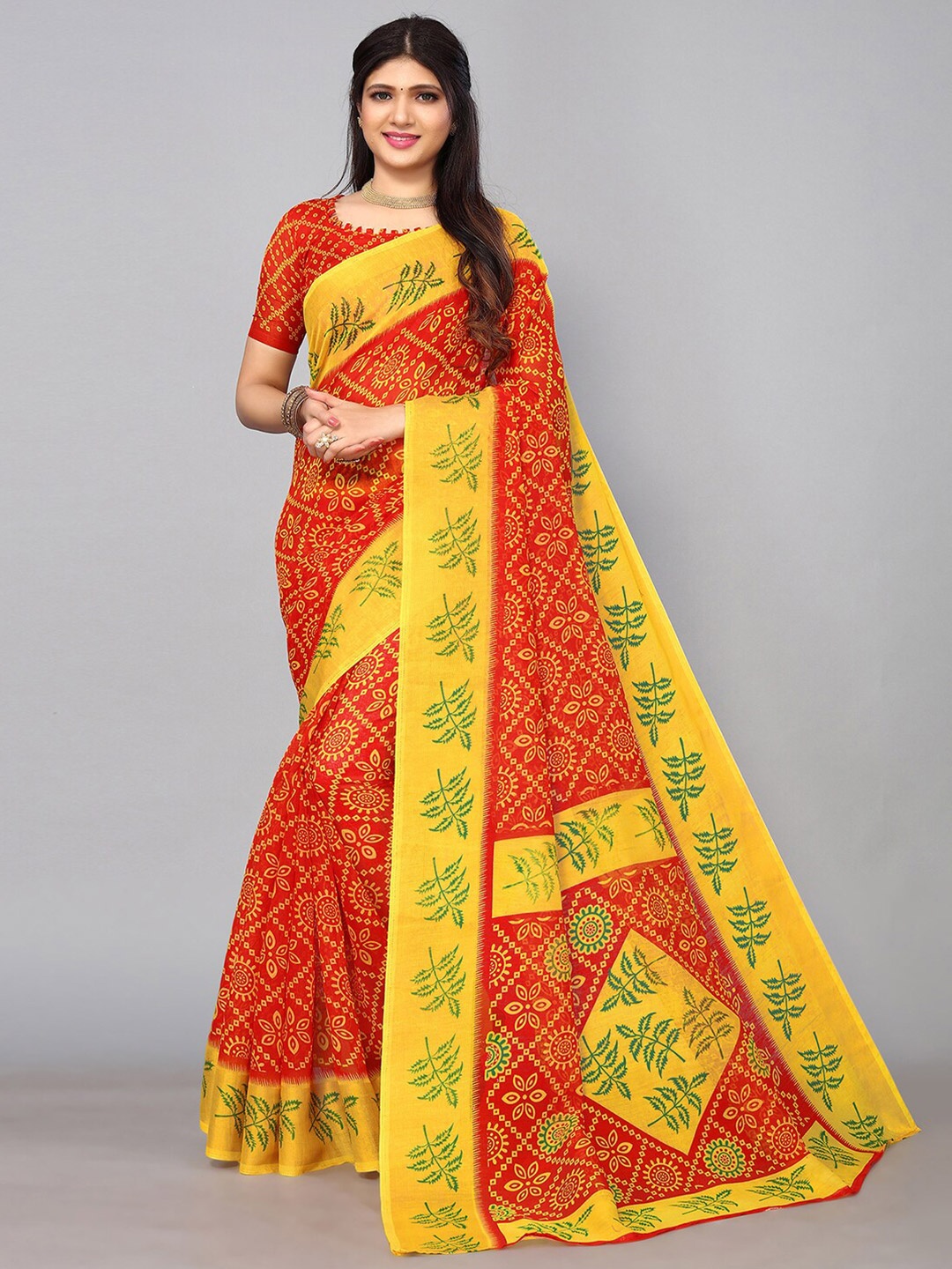 

KALINI Ethnic Motifs Printed Polycotton Saree, Red