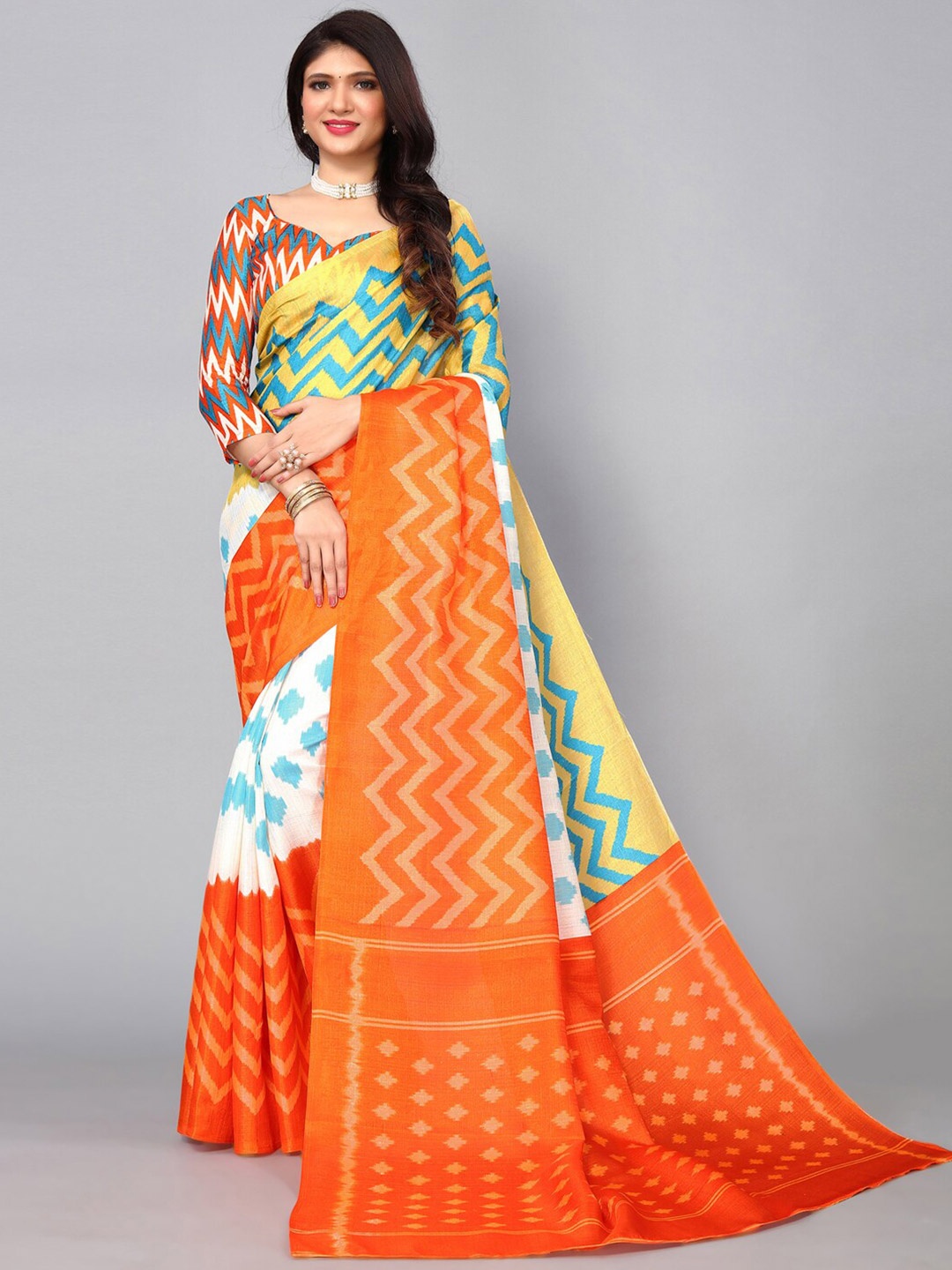 

KALINI Silk Blend Printed Saree, Orange