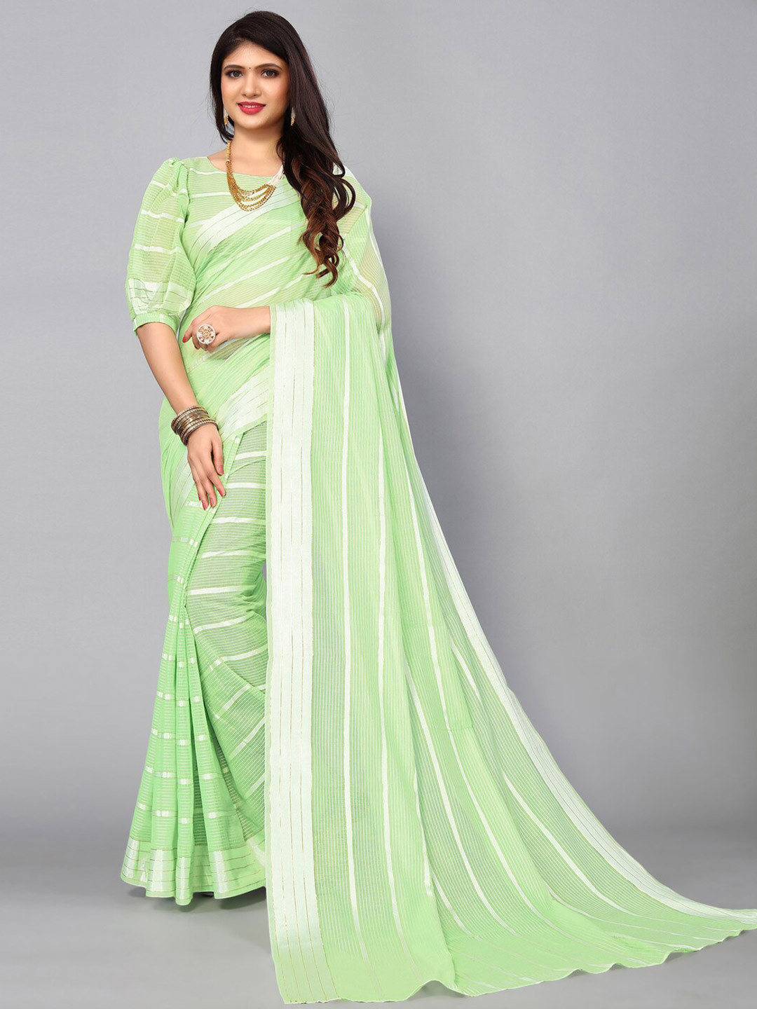 

KALINI Striped Zari Saree, Green