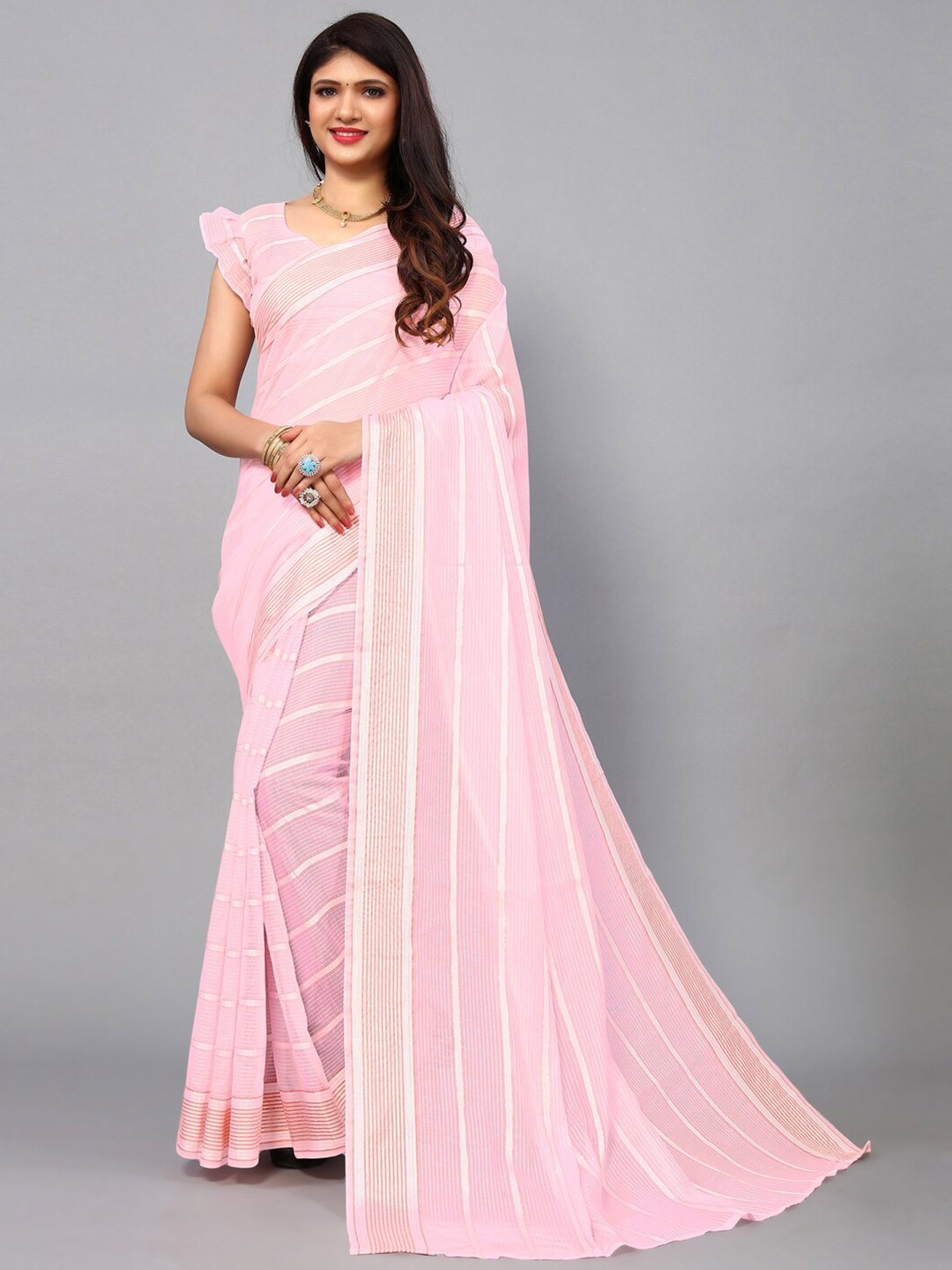 

KALINI Striped Zari Saree, Pink