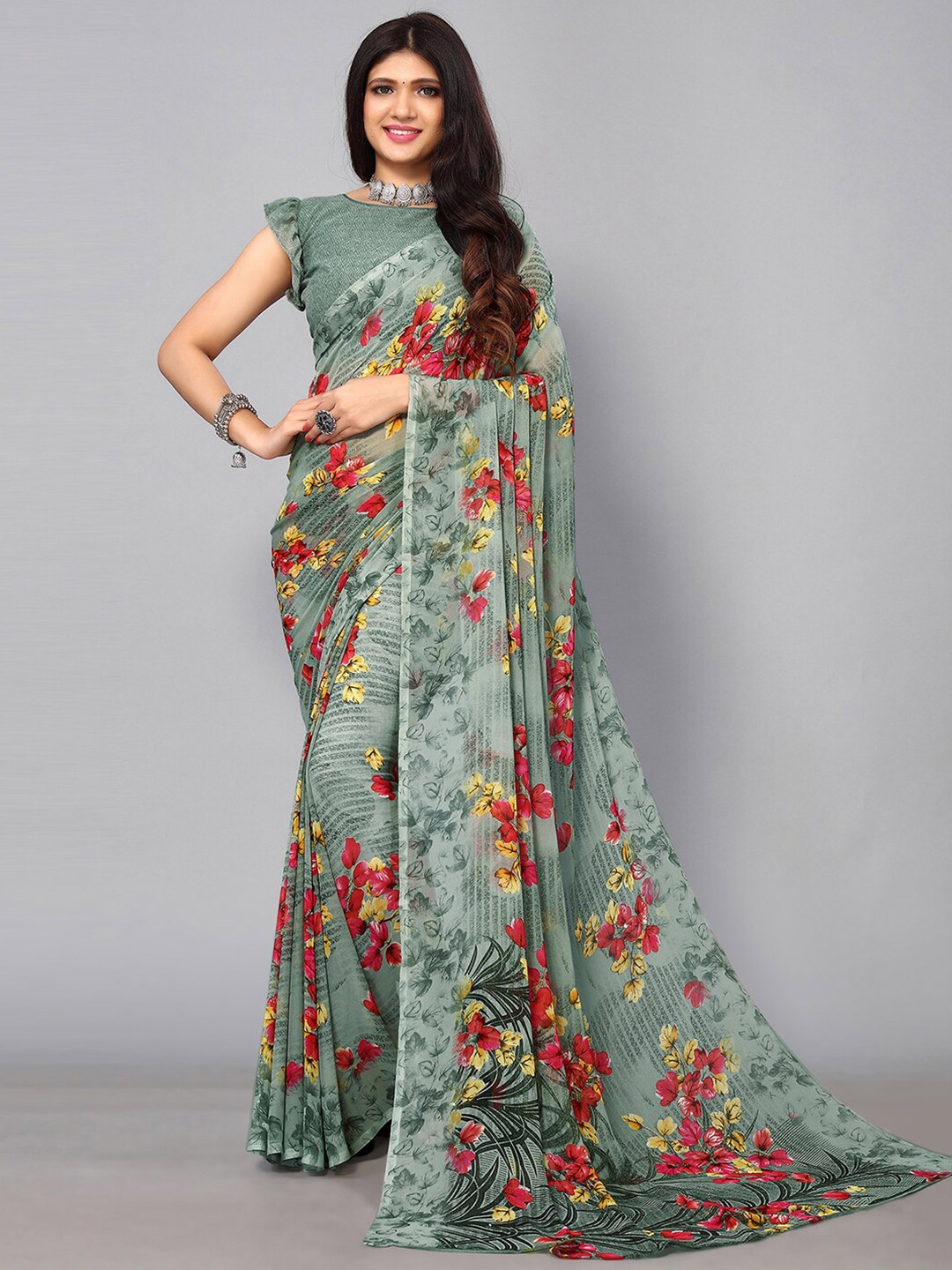 

KALINI Floral Printed Saree, Green