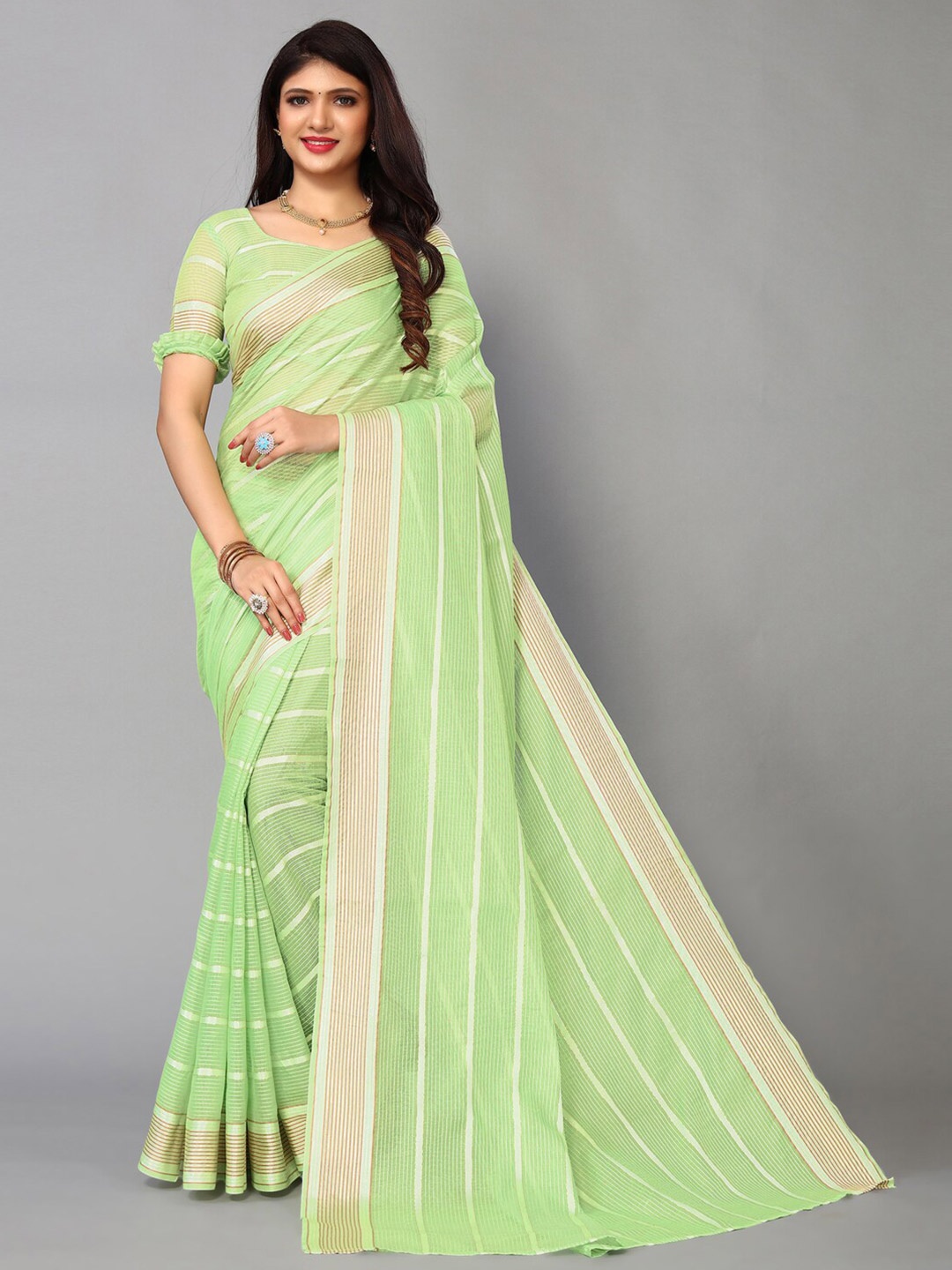 

KALINI Striped Saree, Lime green